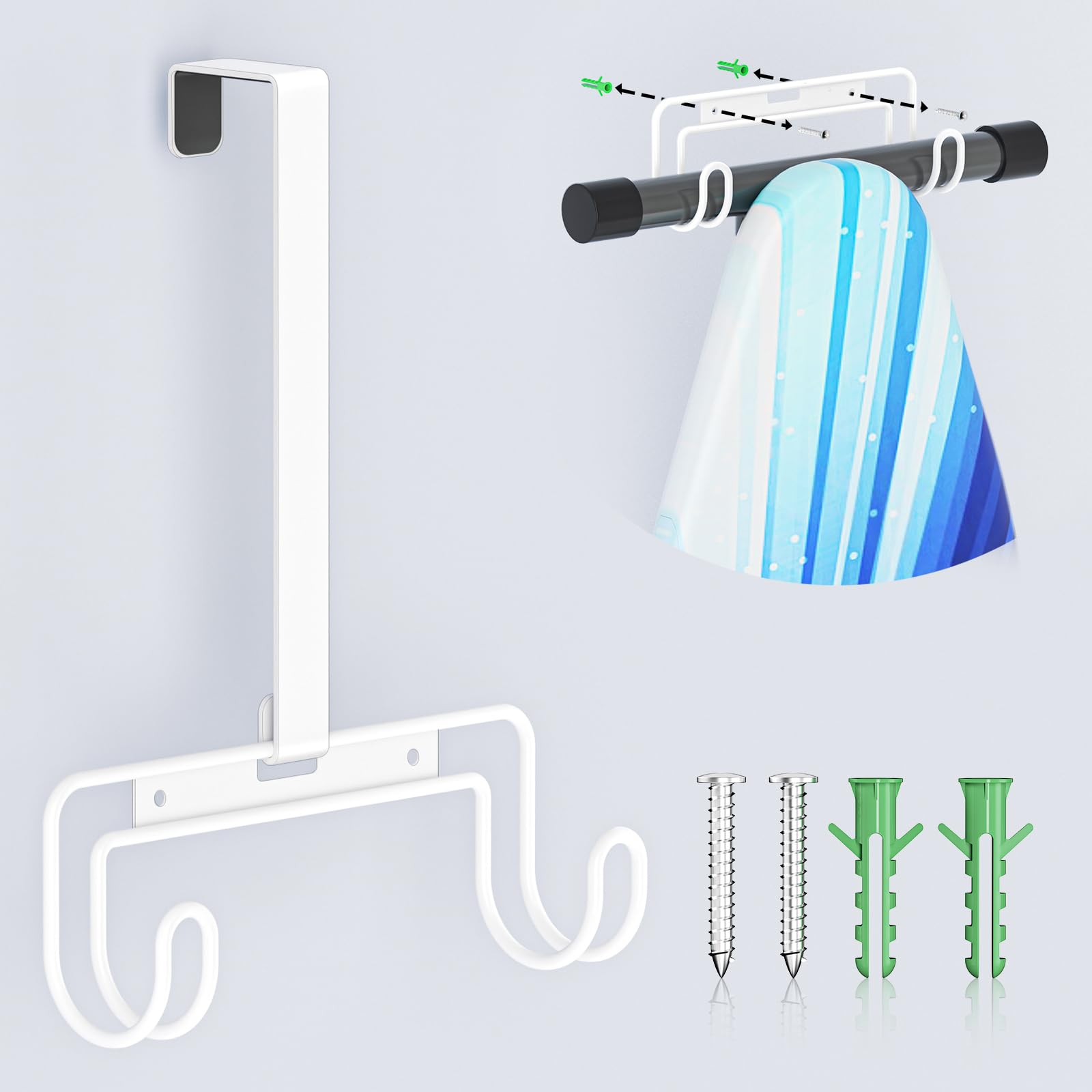 XILIMEN Ironing Board Hanger Over The Door & Wall Mount, Iron Board Holder Storage Wall Mount with Removable Hooks for Laundry, Hotel Rooms (White)