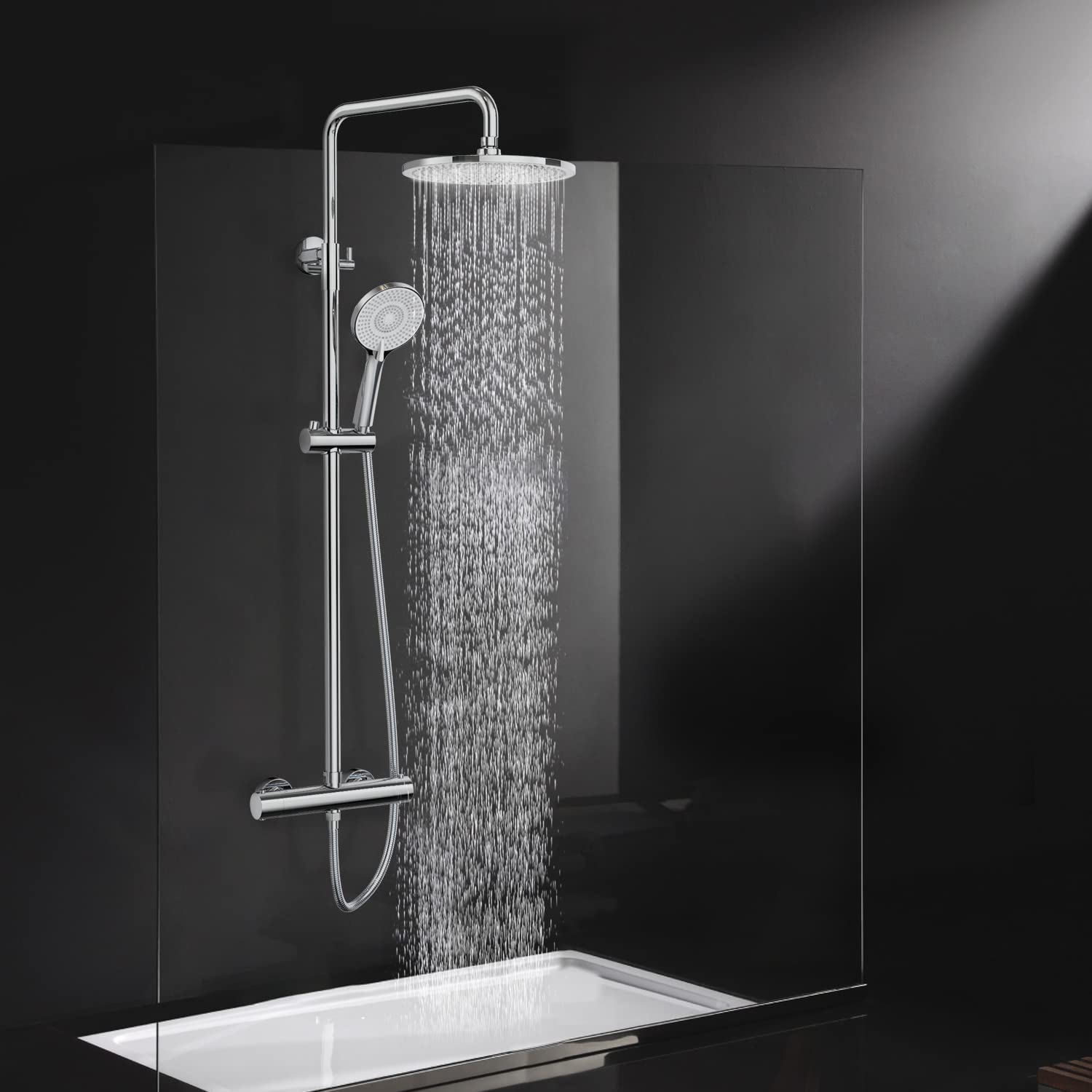Rainsworth Thermostatic Shower Mixer Set Chrome, 25cm Round Overhead Rainfall Shower, 3 Jet Types Handheld Shower, Height Adjustable Shower System