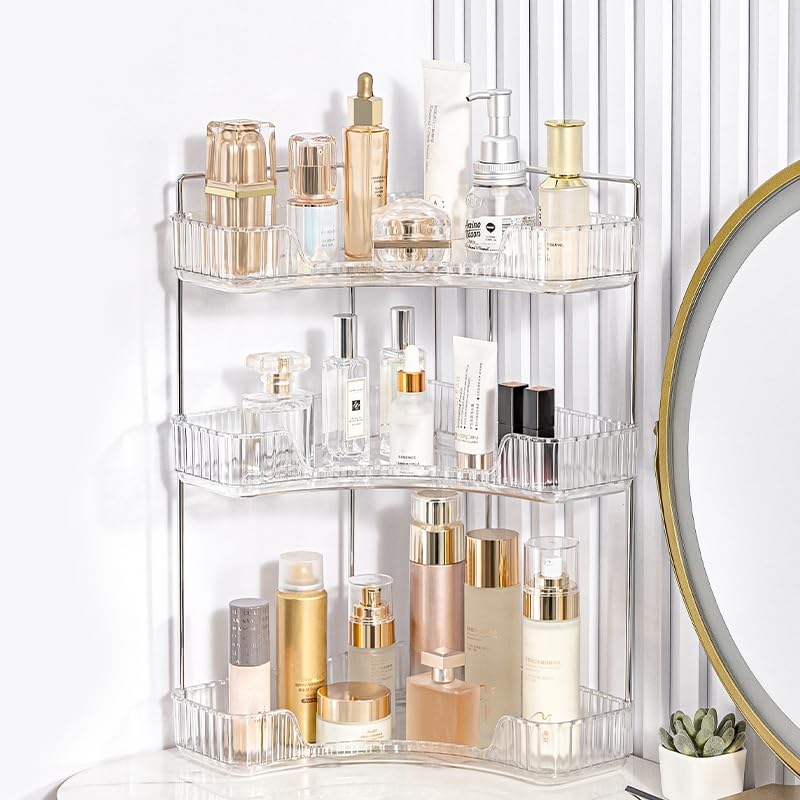 Corner Bathroom Counter Organizer, Vanity Trays for Skincare Makeup, 3-Tier Shelf for Cosmetics, Toiletries, Lotions, Perfumes (Clear)