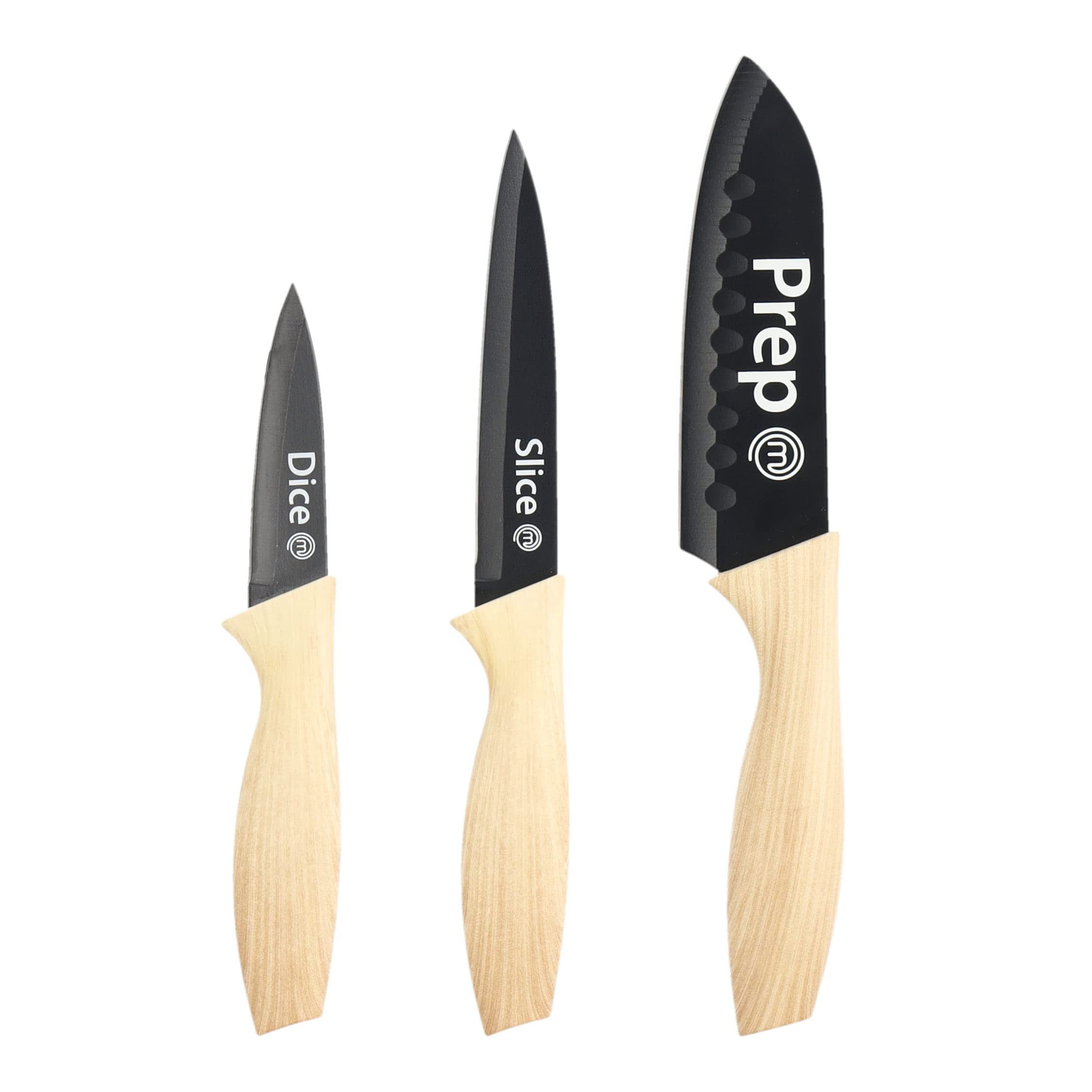MasterChef Knife Set of 3 Kitchen Knives (Chef, Paring & Utility) Professional, Extra Sharp, Stainless Steel Blades With Non Stick Coating & Wood-Look