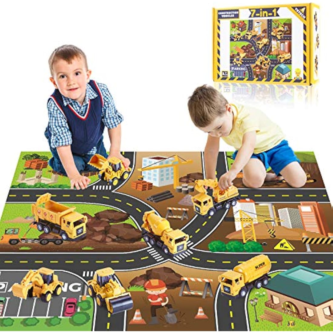 Yetech 7-1n-1 Construction Vehicles Toys Set with Play Mat - 7 Sturdy Engineering Trucks Toys, 27.6 * 31.5inche Play Mat, Christmas Birthday Gift for Toddlers Boys 3 4 5 6 7 Years Old