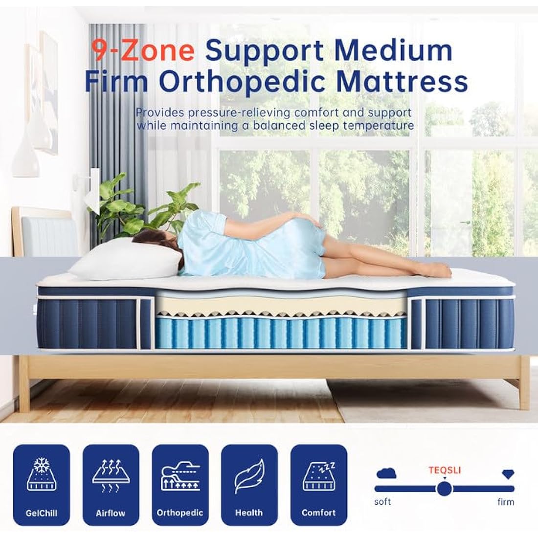TeQsli 3FT Single Mattress, 10.6 Inch Memory Foam Sprung Hybrid Mattress 9-Zone Orthopedic for Pressure Relief & Edge Support - Medium Firm with Skin-Friendly Fabric 90x190x27cm