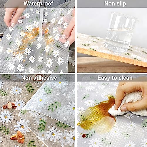 KIMCHOMERSE Shelf Liner Non Adhesive Drawer Liner for Kitchen Cabinets, Refrigerator Liners Waterproof Cupboard Liner for Shelves -Leaf Daisy 60x500cm