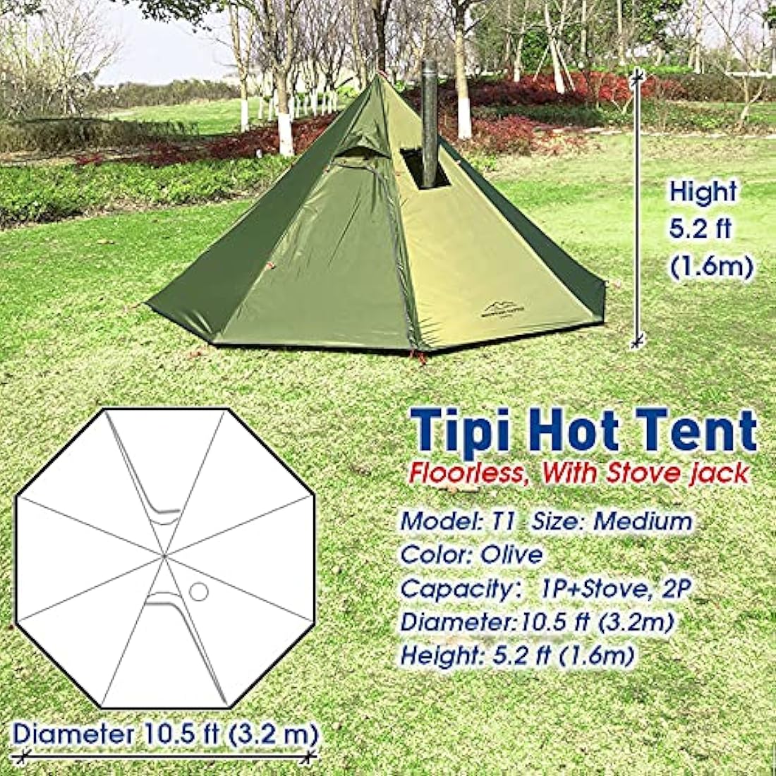 PRESELF 3 Person Lightweight Tipi Hot Tent with Fire Retardant Flue Pipes Window Teepee Tents for Family Team Outdoor Backpacking Camping Hiking
