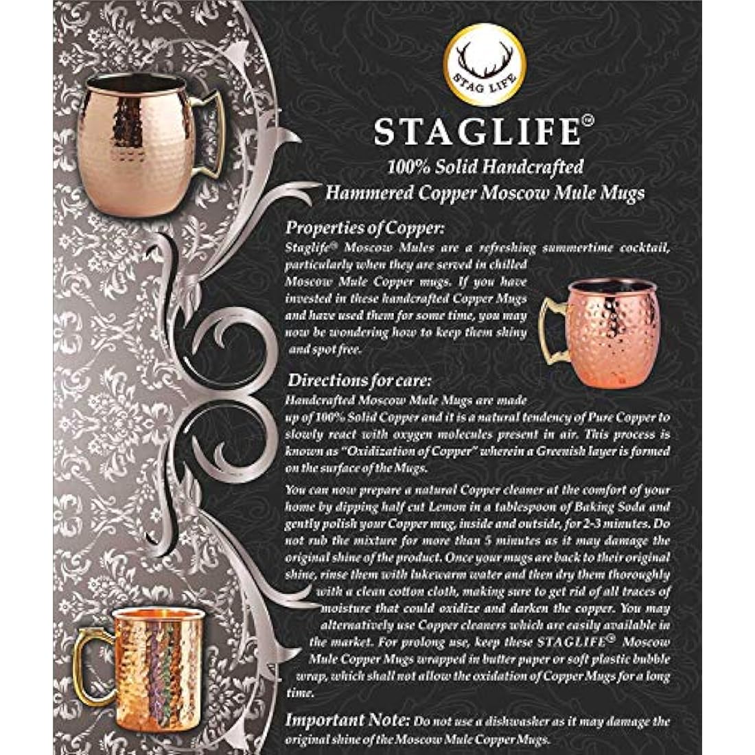 STAGLIFE 16 Oz Black Copper Cups Moscow Mule Mugs Set of 2, Pure Genuine Solid Copper Mugs for Moscow Mules Drinking, Hammered Real Copper Cup Mug Gifts for Men, Unlined