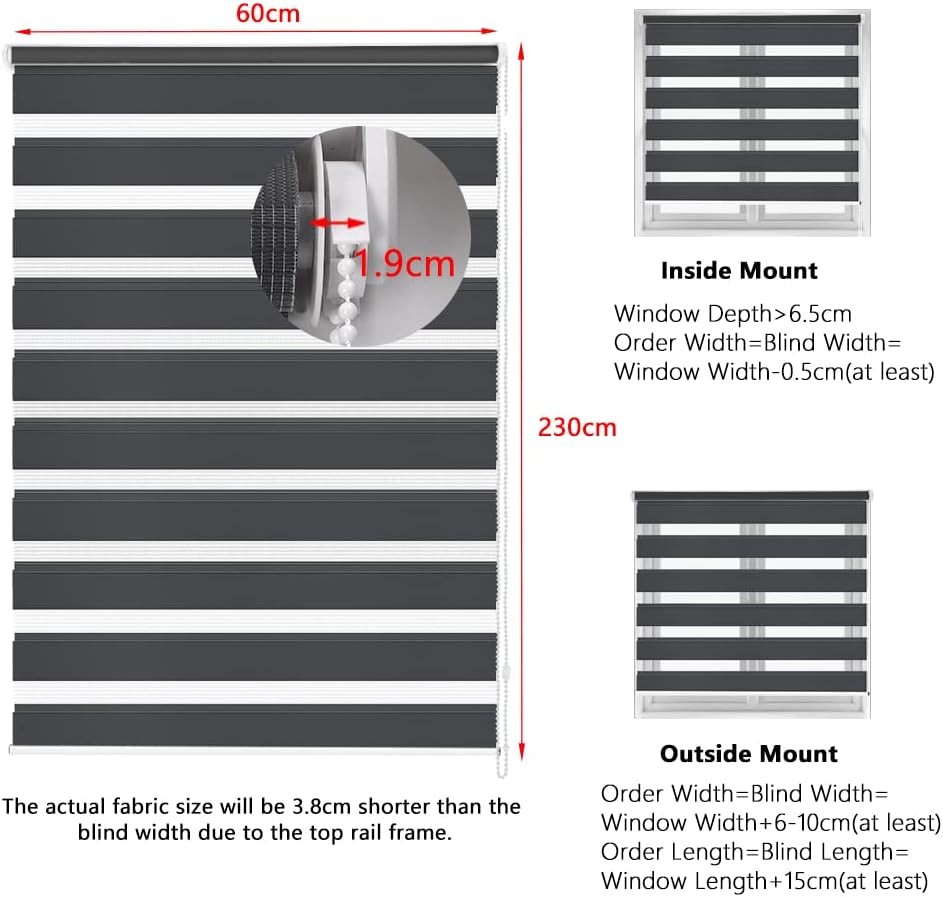 Zebra Roller Blind Day Night Window Blind Light Filtering 60x230cm Dark Grey Kokorona