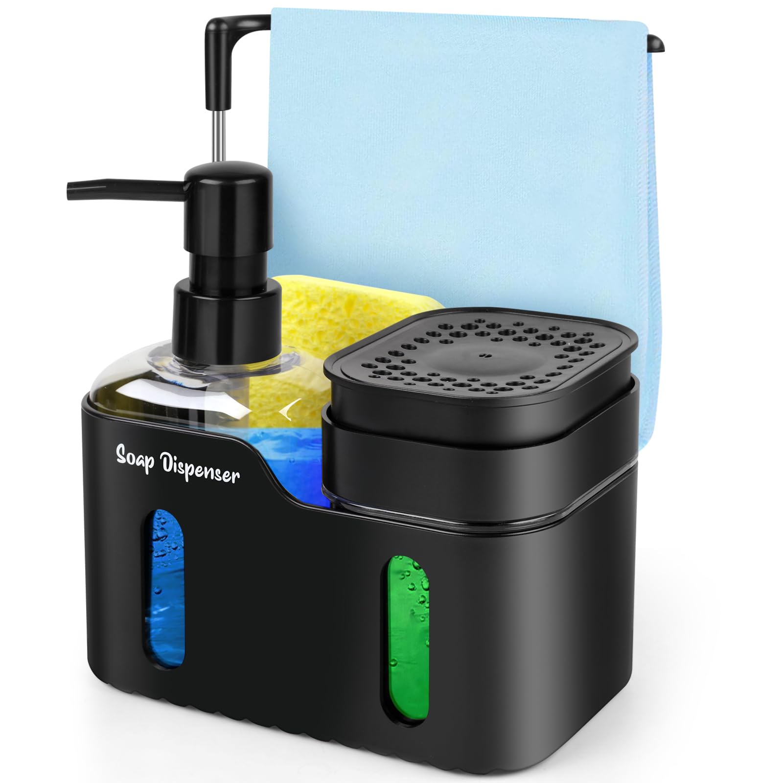 Richenda 4-in-1 Soap Dispenser with Dishcloth Hanger & Sponge Holder ? Kitchen Sink Soap Pump Organizer for Dishwashing, Refillable Liquid Soap