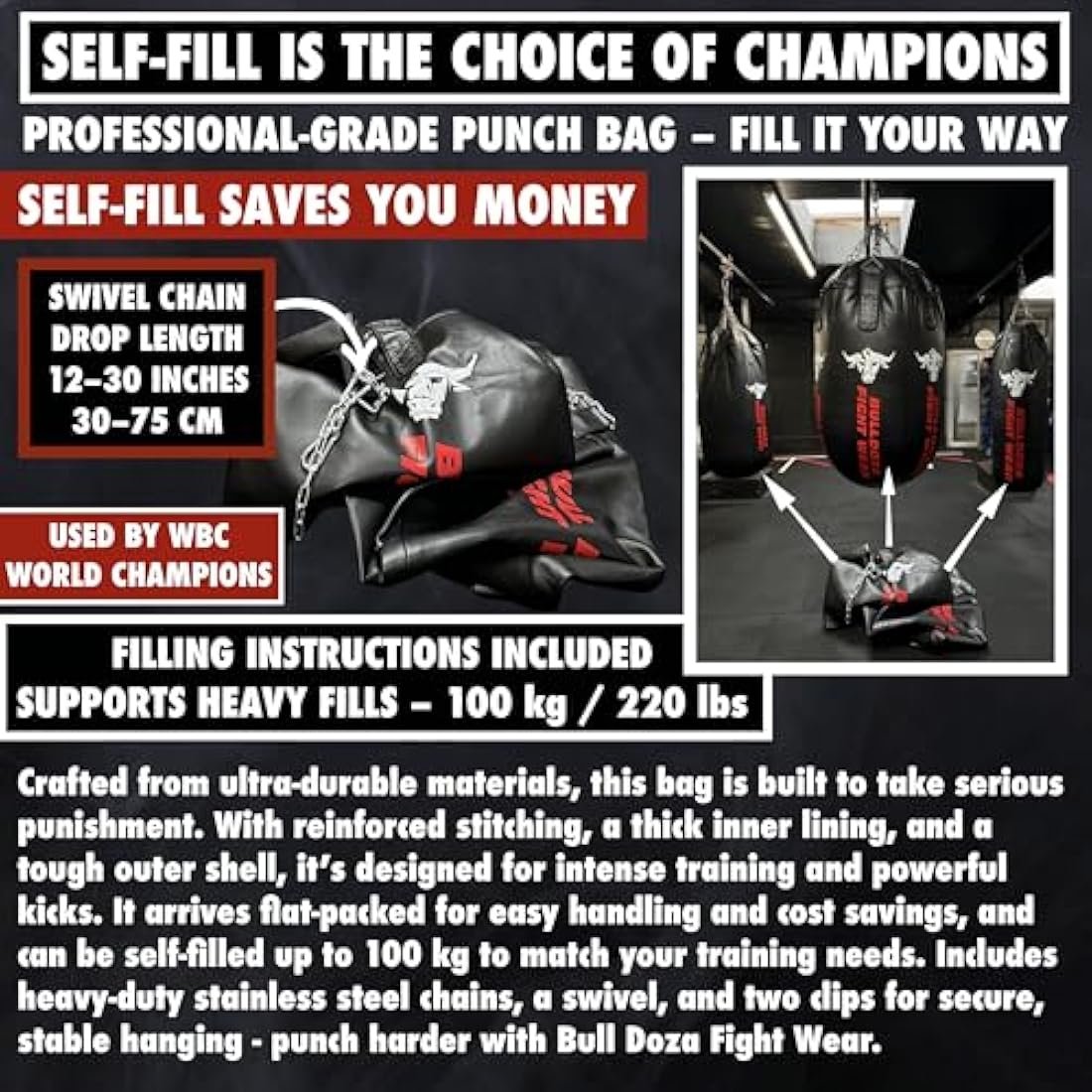 Jumbo Huge XXL Bull Doza Fight Wear Heavy-Duty Self-Fill Punching Bag - Punch Bag with Hanging Chains, Swivel, Carabiners - Boxing Bag for MMA, Kickboxing, Muay Thai, Martial Arts