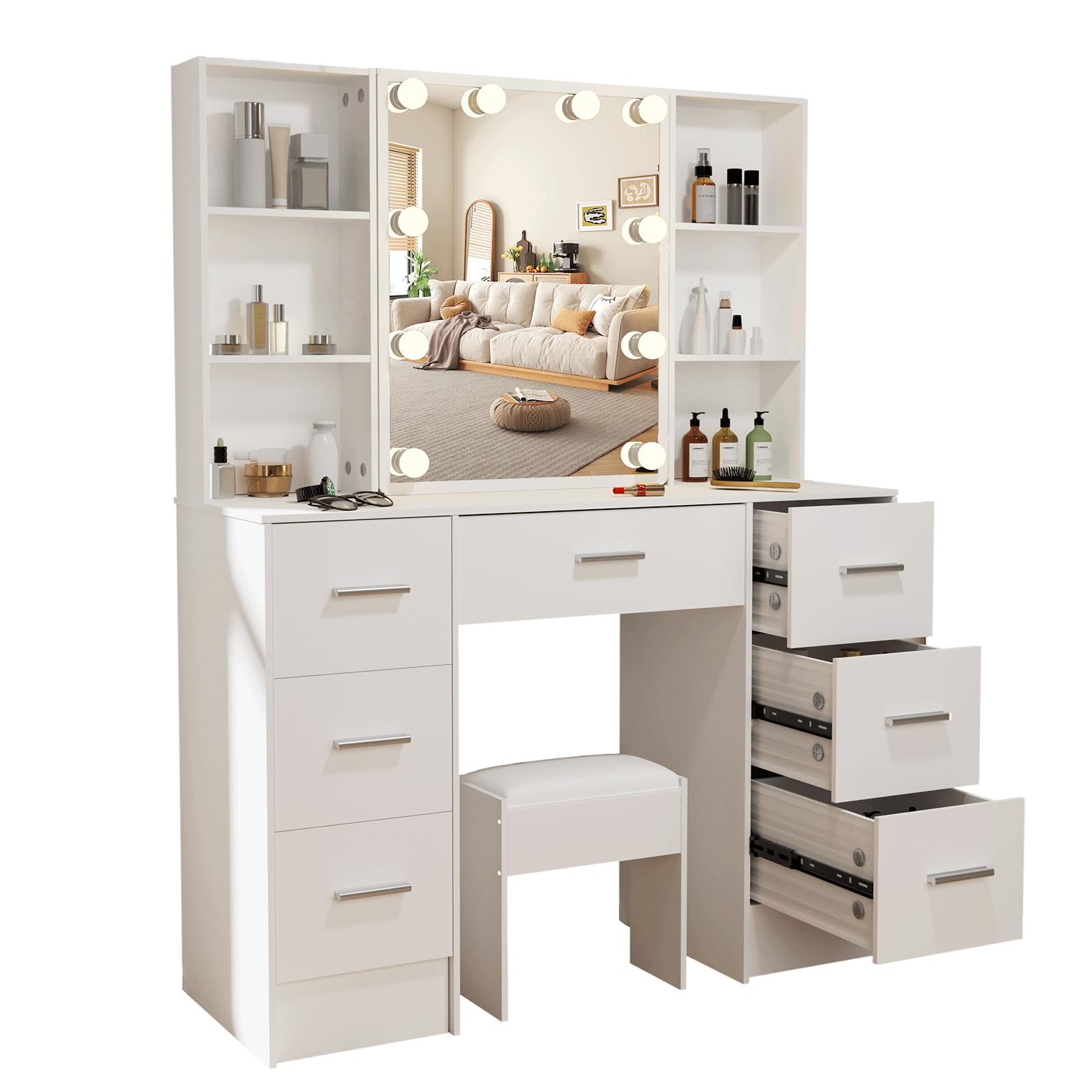 Umeiga White Dressing Table, 100 cm Large Vanity Desk with Large 7 Drawer, 4 Open Storage Shelves and Stool, 10 LED Lights Adjustable Lighting