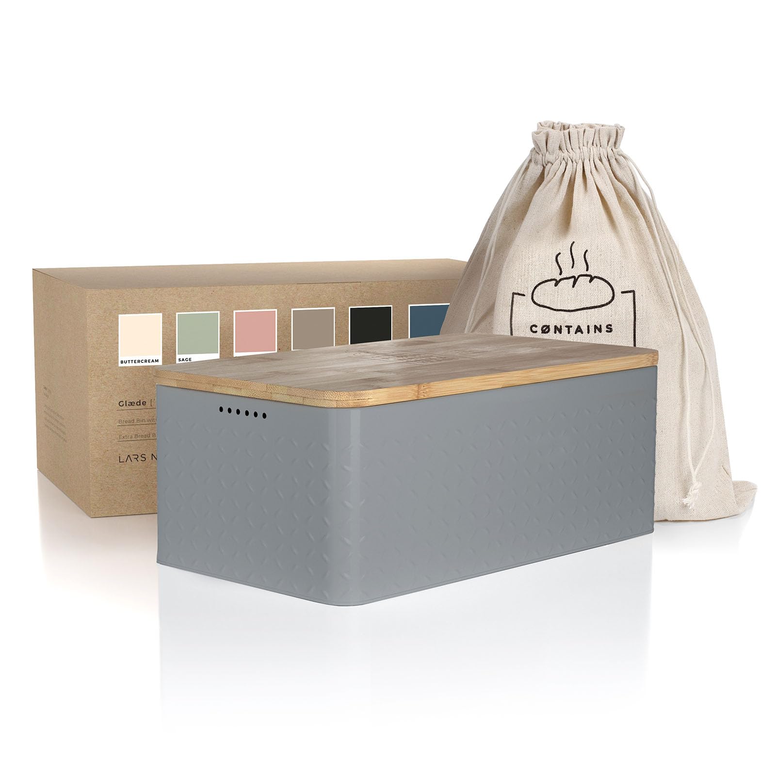 LARS NYSM Bread Bin I Metal bread box with linen bread bag for long lasting freshness I Bread bin with bamboo lid usable as cutting board I