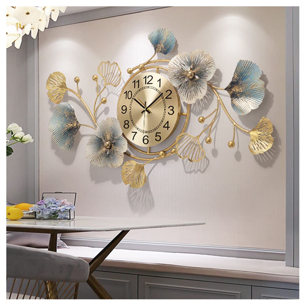 Large Silent Modern Decorative Wall Clock,Elegant Wrought Iron Wall Clocks Ginkgo Leaf Mute Wall Quartz Clock for Living Room Bedroom Hotel Porch (83