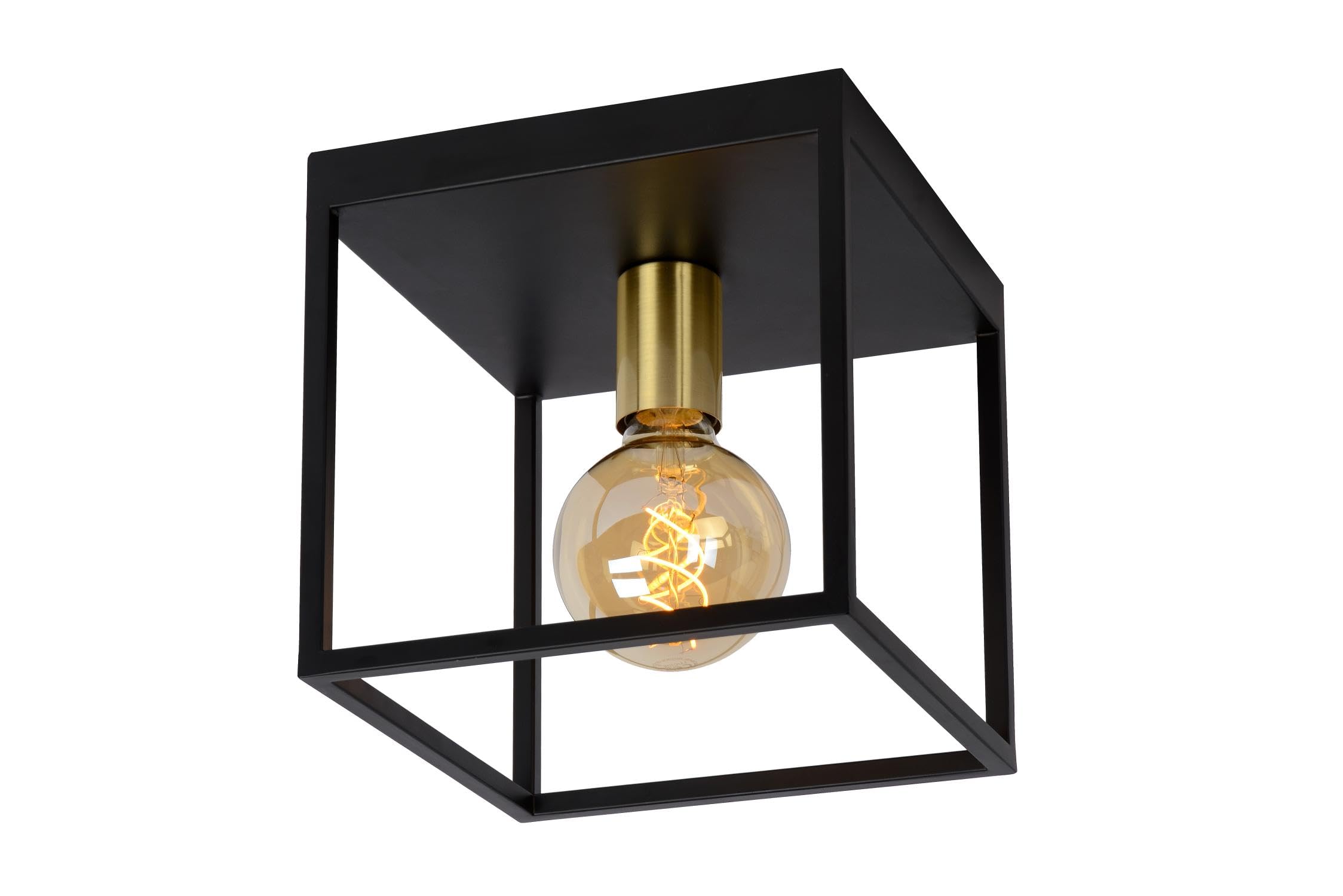 Lucide Flush Ceiling Light, Metal, E27, 40 W, Black, Satin Brass