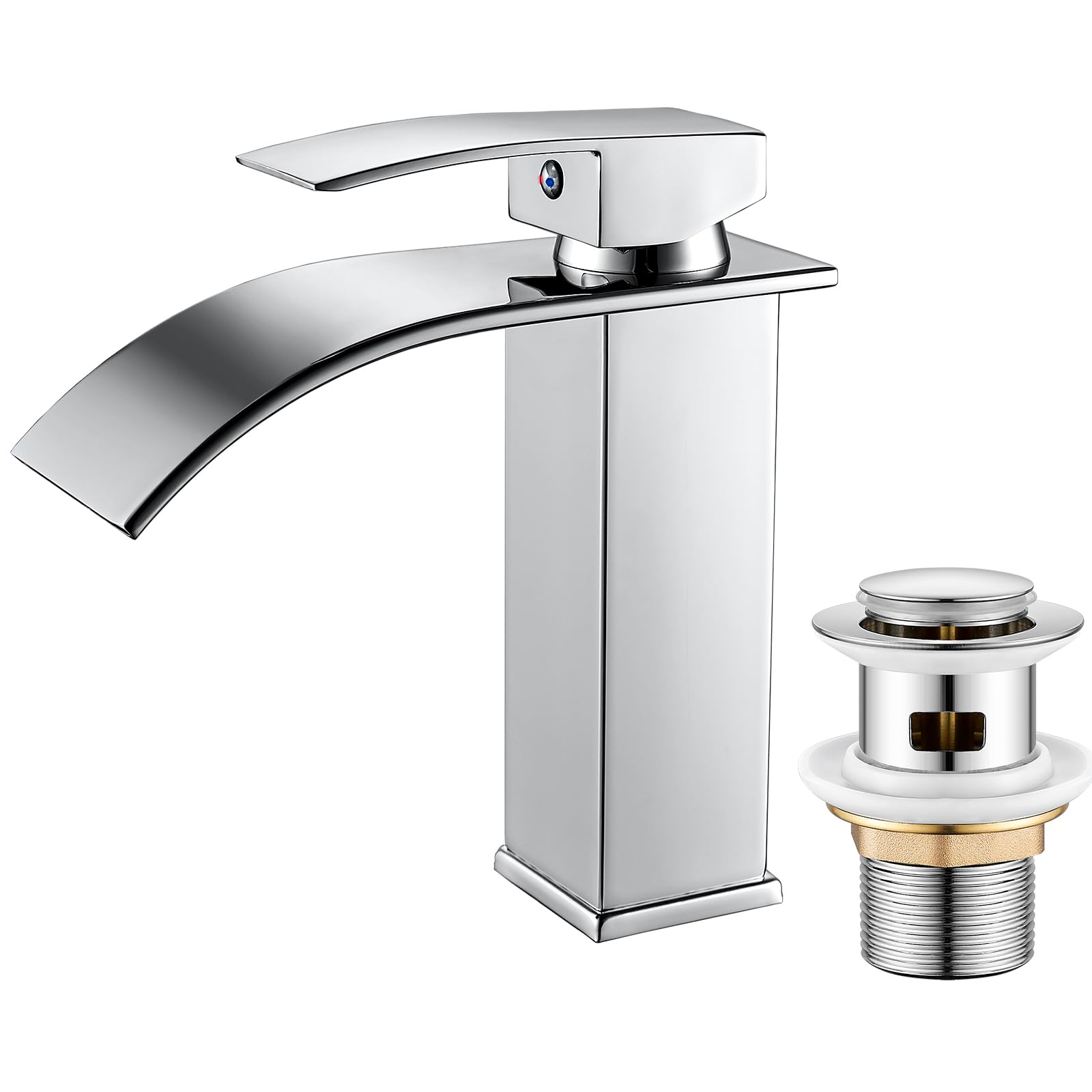 Basin Taps Mixer Waterfall Bathroom Sink Tap Chrome, Mono Basin Mixer Faucet with Pop up Waste, Modern Single Lever Cloakroom Faucet with G1/2 Hoses,