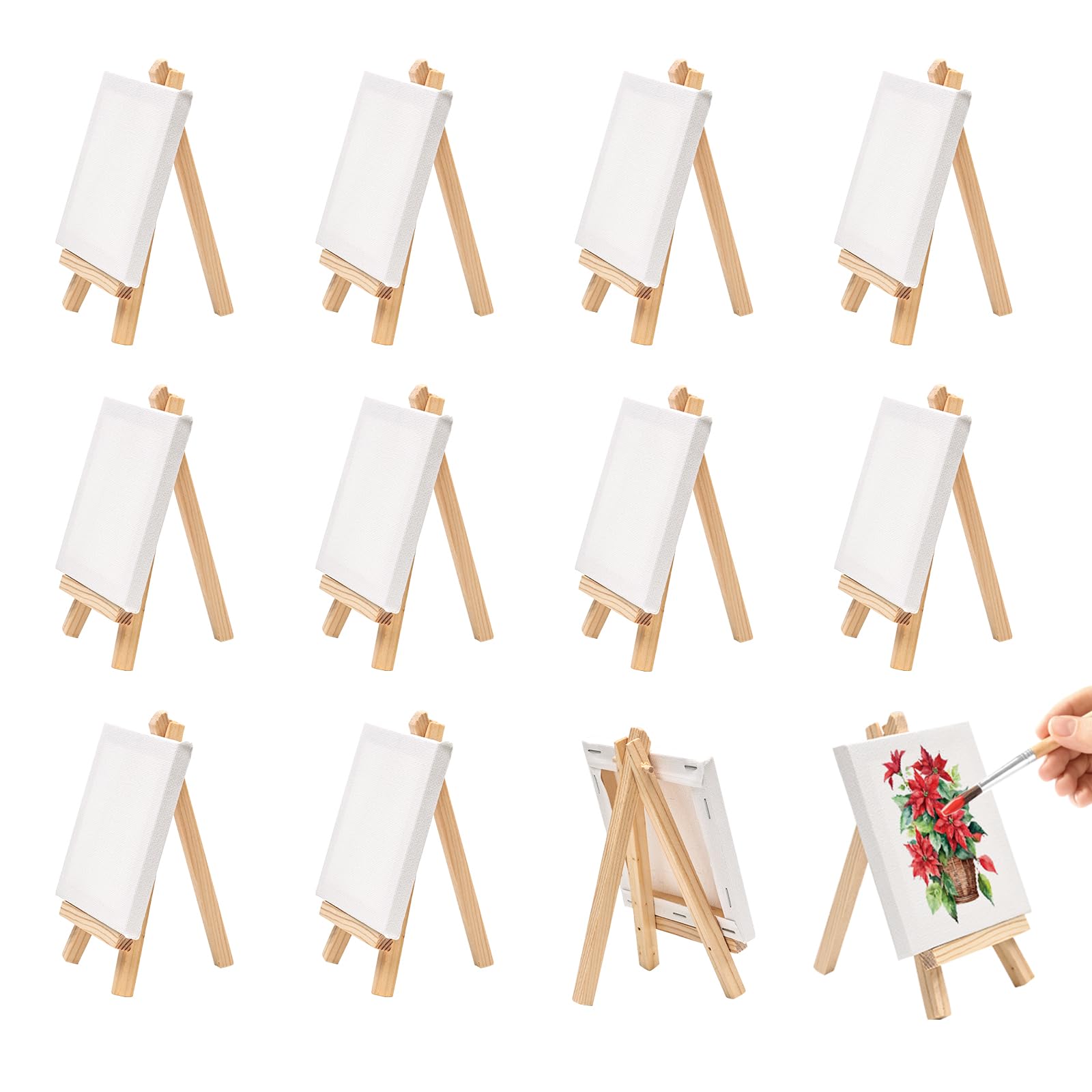 Taakige 12 mini easels, mini canvas 10 x 10 cm, mini easels with canvas, foldable triangular stand, hand-painted DIY creation board, for drawing,