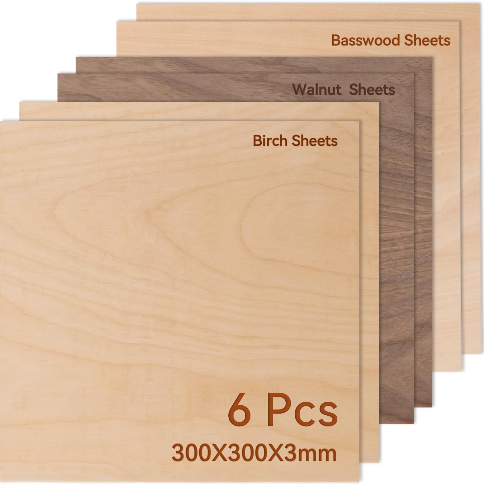 ROWOOD Walnut Basswood Birch Plywood Sheets 6PCS 300x300x3mm Laser Engraving Materials Plywood Board for Model Making DIY Wooden Crafts Ideal for