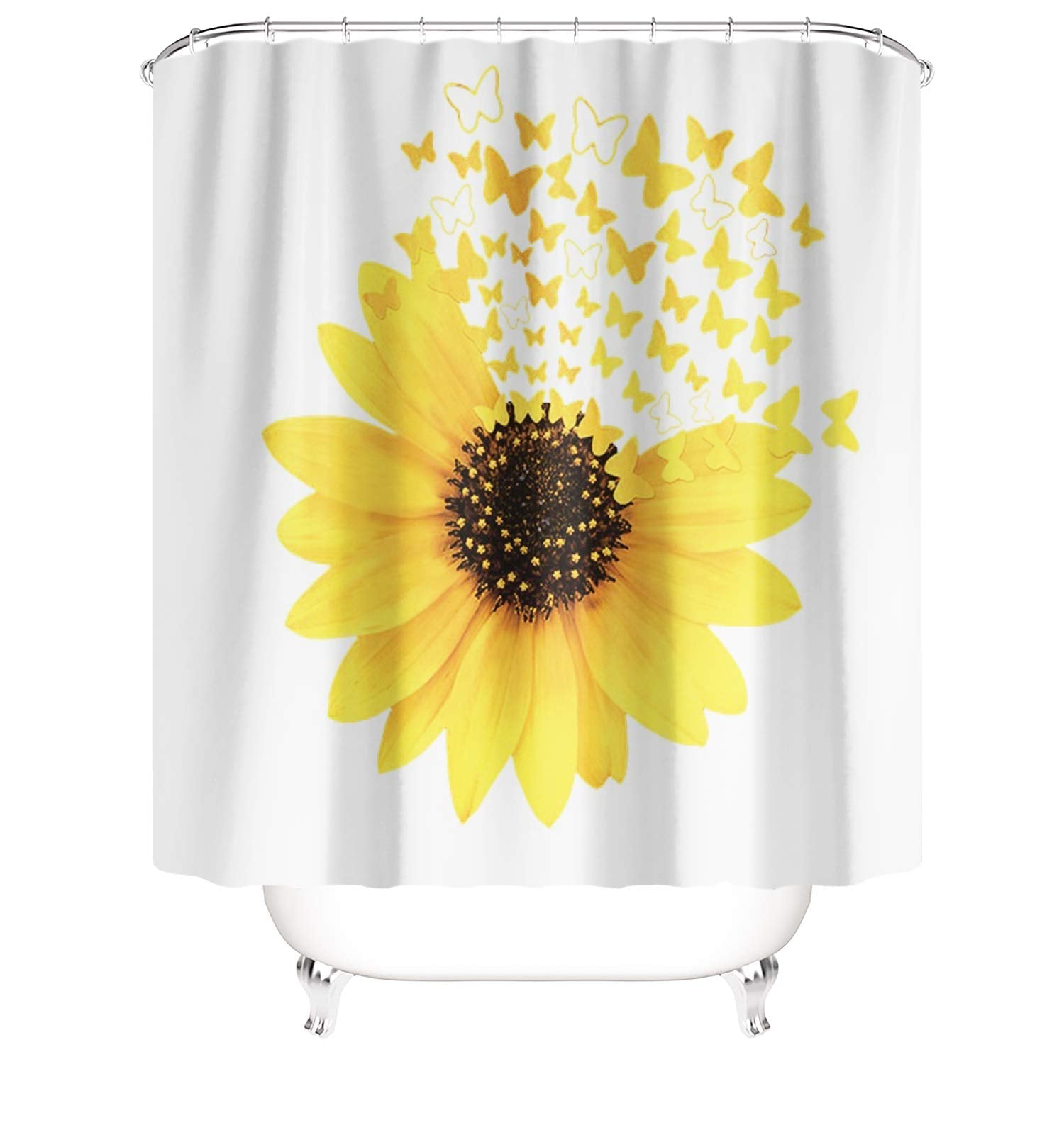 M&W DasDesign Shower Curtain Yellow Sunflower Plants Butterflies Bathroom Textile Curtain Leaves Anti-Mould Effect Washable Shower Curtain Bath
