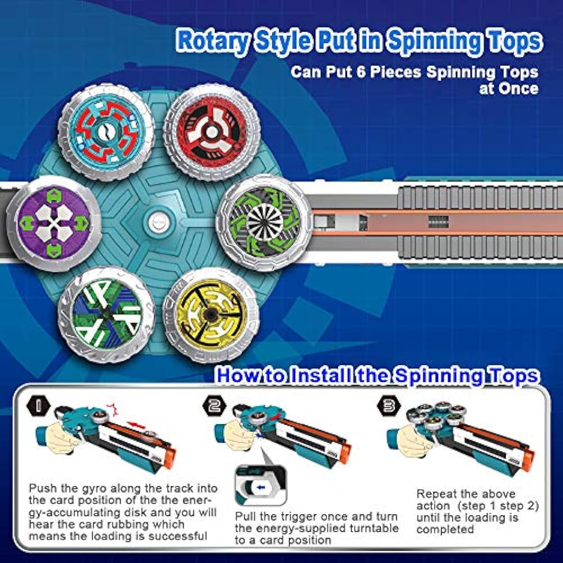 OBEST Battling Tops Gyro Burst Evolution with Engine Launcher & 6 pcs Spinning Tops for Kids Children (Blue)