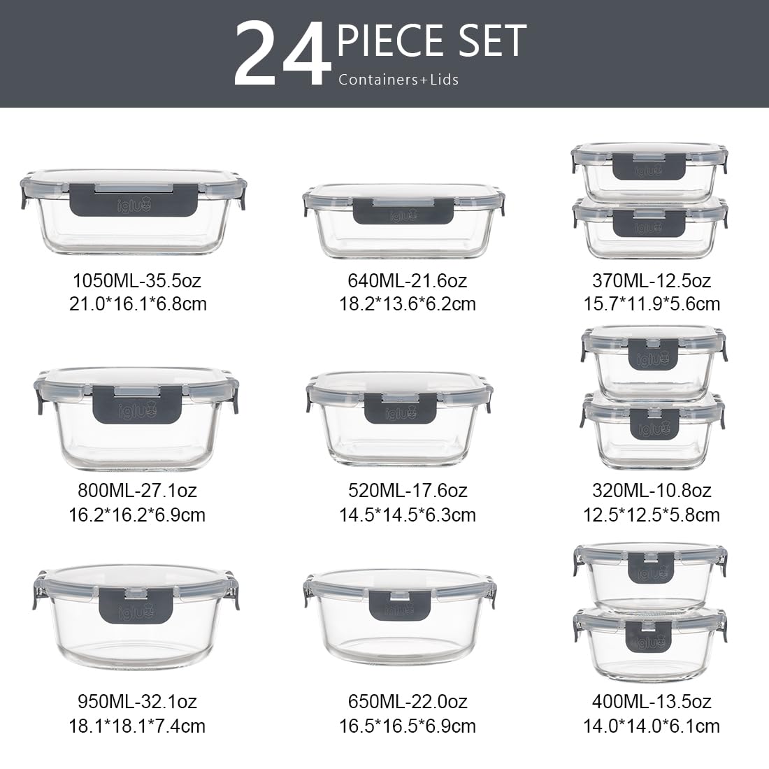 Igluu Meal Prep Glass Containers with Lids (12 Pack: 4 Rectangle, 4 Square, 4 Round) - Reusable Meal Prep Containers, Microwave, Oven, Freezer &