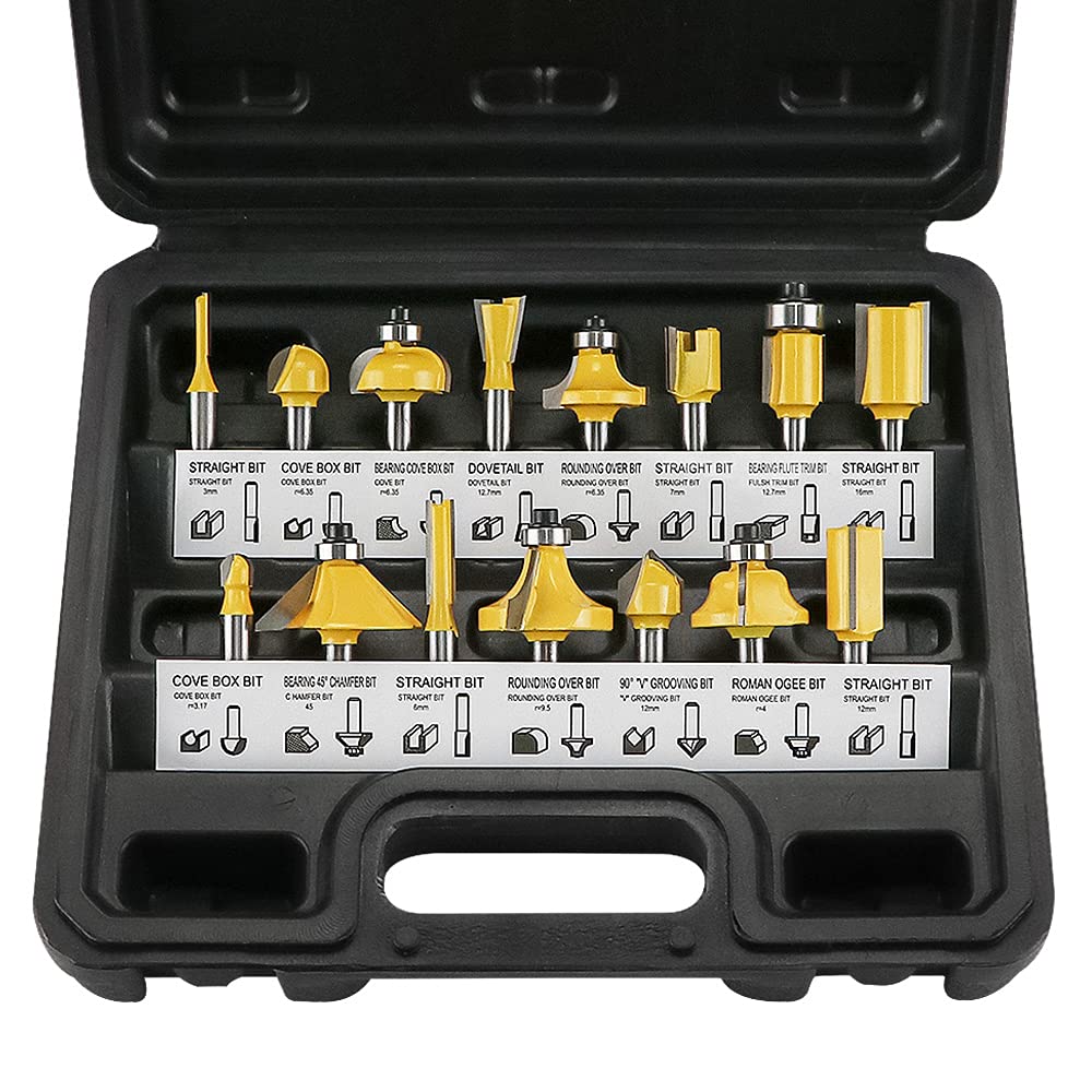 Router Bit Set, 15PCS 6.35mm 1/4 Inch Shank Carbide Tipped Router Bits, Trimmer Router Cutter Bit -Woodworking Milling Tools for Wood Carving Cutting
