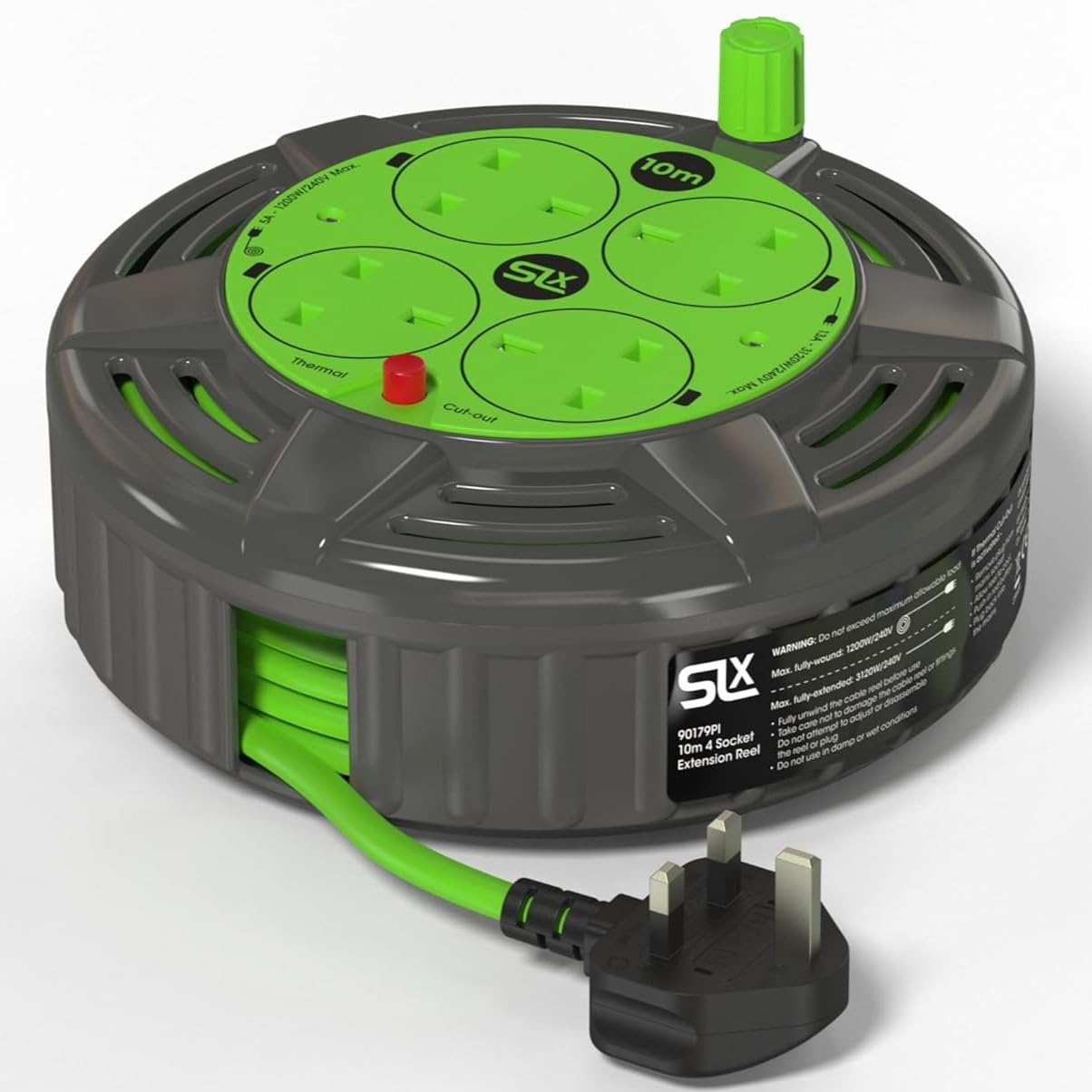 SLx Extension Lead 10m 4 Socket Compact Cable Reel with Thermal Cut Out, Heavy Duty Extension Cable for Garden, Lawn Mower and Office, 13A Fused UK