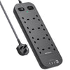 Black Extension Lead, 8 Way Outlets Power Strip with 4 USB Ports, 1800J Surge Protection Double Switch Plug Extension with 1.8M Braided Extension Cord