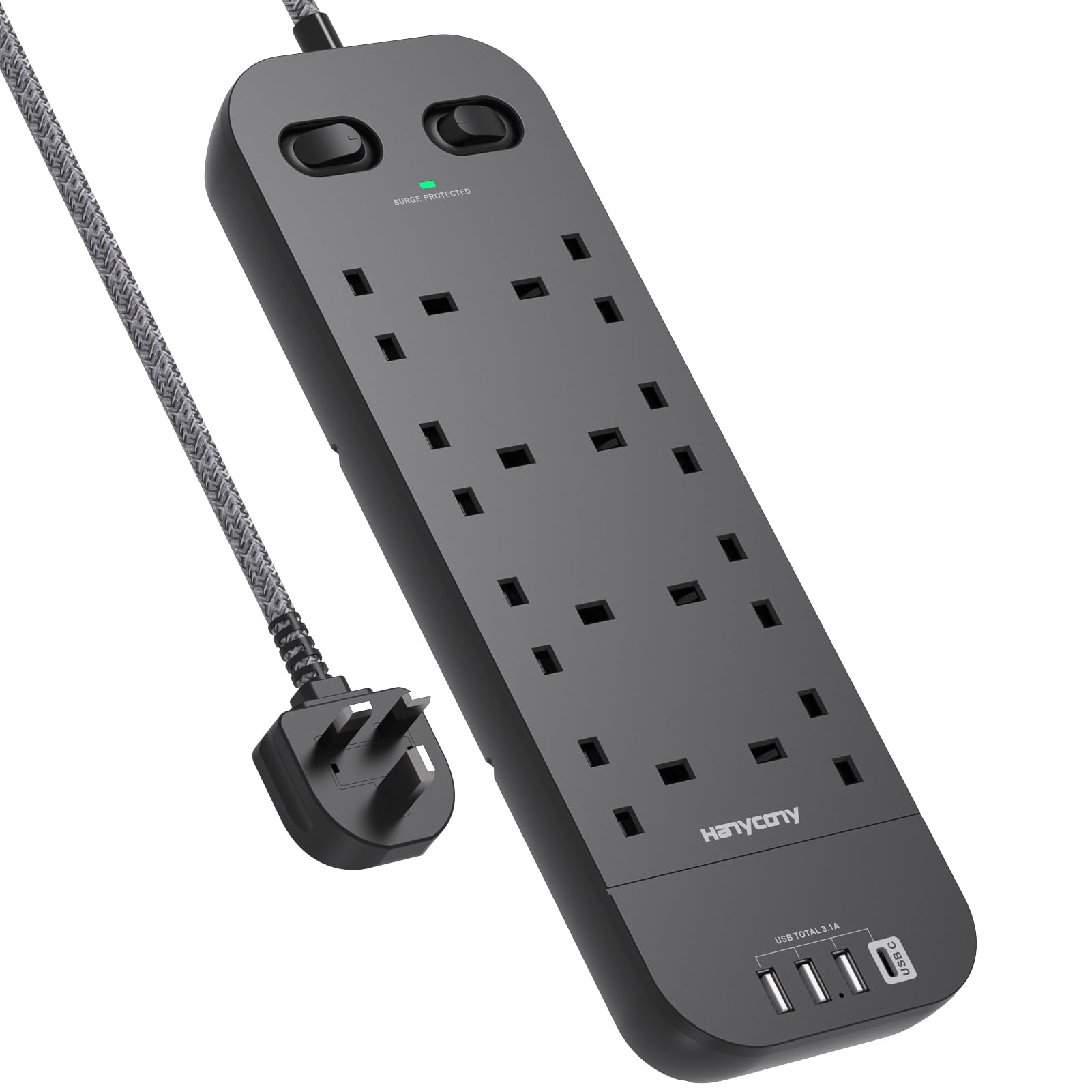 Black Extension Lead, 8 Way Outlets Power Strip with 4 USB Ports, 1800J Surge Protection Double Switch Plug Extension with 1.8M Braided Extension Cord
