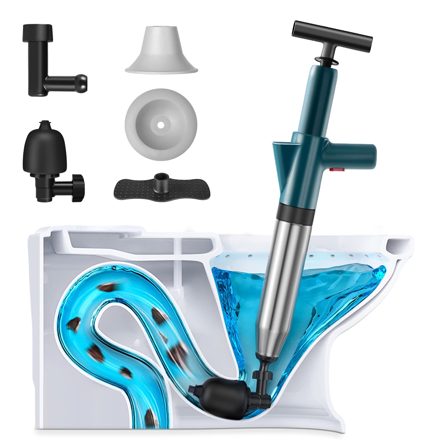 Iptienda Toilet Unblocker, Plunger Toilet Unblockers, High Pressure Plunger with Visual Barometer and Adapters, Toilets Unblocker Heavy Duty for