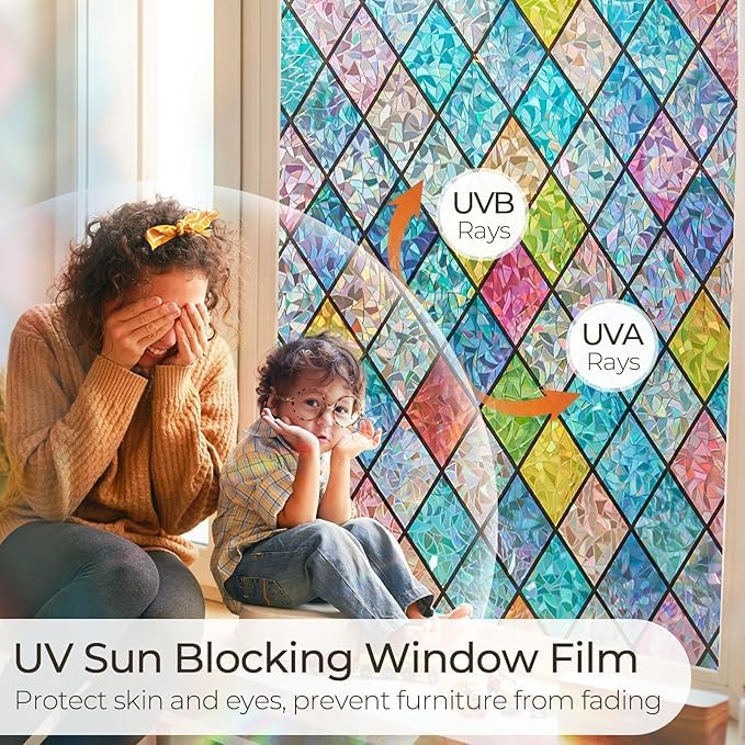Beautysaid Rainbow Privacy Window Film: Stained Glass, No-Glue Frosted Window Film, Static Cling Film (Multicolor, 90x300cm