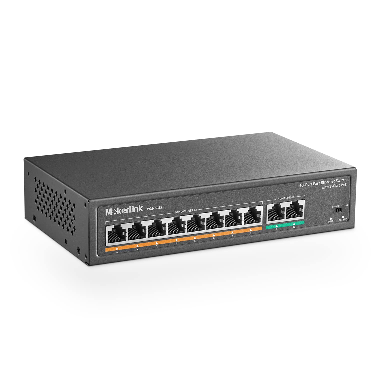 MokerLink 10 Port PoE Switch with 8 Port PoE+, 2 Fast Ethernet Link, 100Mbps, 120W 802.3af/at PoE, Fanless Plug & Play Network Switch