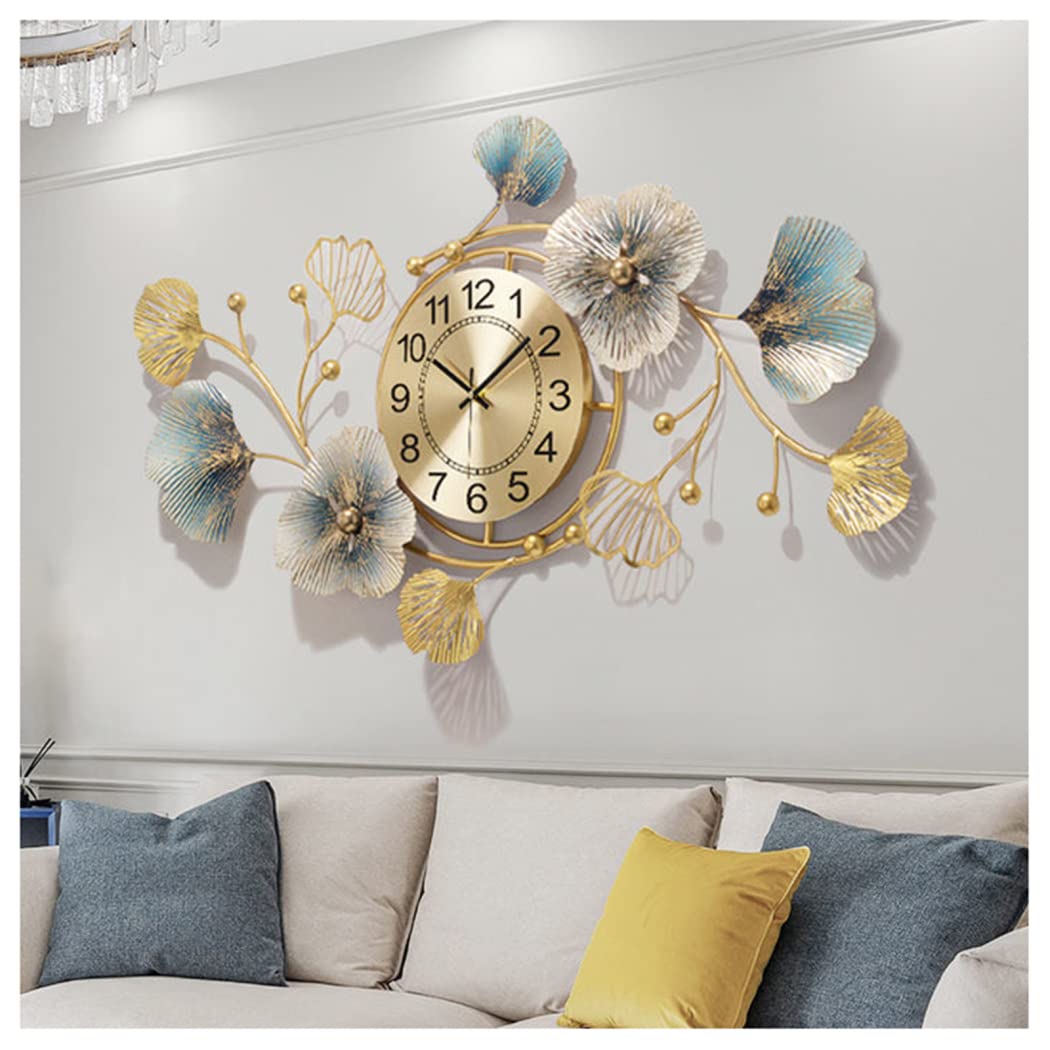 Large Silent Modern Decorative Wall Clock,Elegant Wrought Iron Wall Clocks Ginkgo Leaf Mute Wall Quartz Clock for Living Room Bedroom Hotel Porch (83
