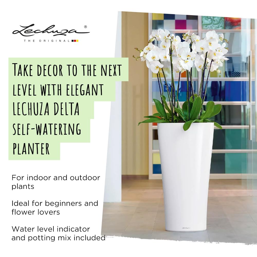 Lechuza Self Watering Plant Pot DELTA 30 Garden Flower Indoor and Outdoor Tall Plastic Planter with Drainage Hole D30 H56 cm White High-Gloss