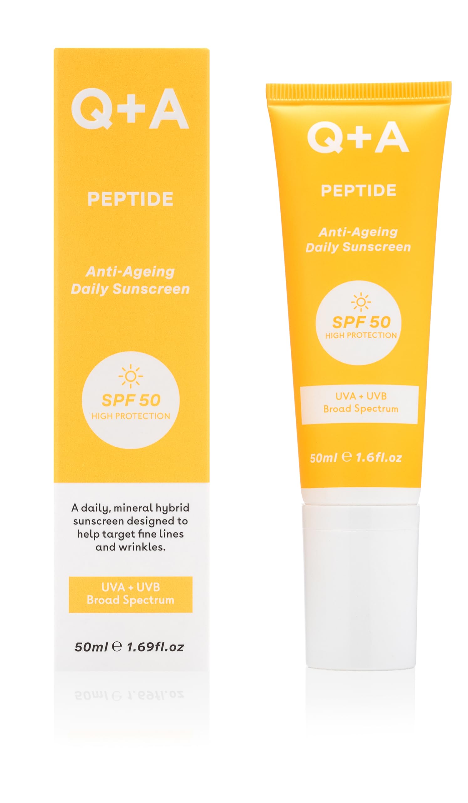 Q+A Peptide SPF 50 Anti-Ageing Daily Sunscreen (50ml), Broad-Spectrum UVA/UVB Protection with Pre-Peptides, Fragrance Free Skincare, Helps Prevent