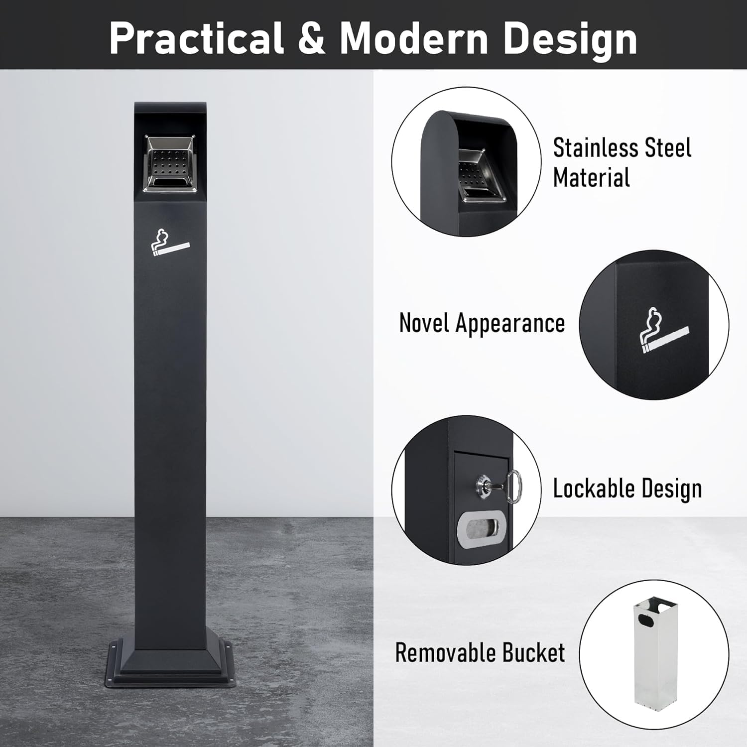 Nisorpa 1.2M Free Standing Stainless Steel Trash Bin w/Key, Indoor/Outdoor Use