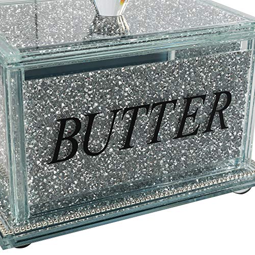 London Boutique Crystal Large Butter Dish Sparkle Crushed Diamond Filled Silver Metal Frame