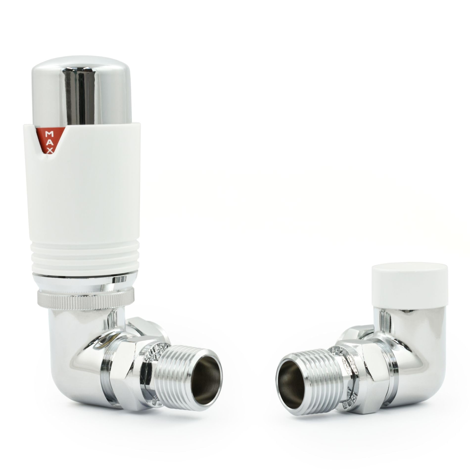 Hot Flow Chrome & White Estuary Corner TRV Thermostatic Radiator Valve (Pair) Includes Corner TRV Body, Wheel Head, Lock Shield. for Quick & Easy