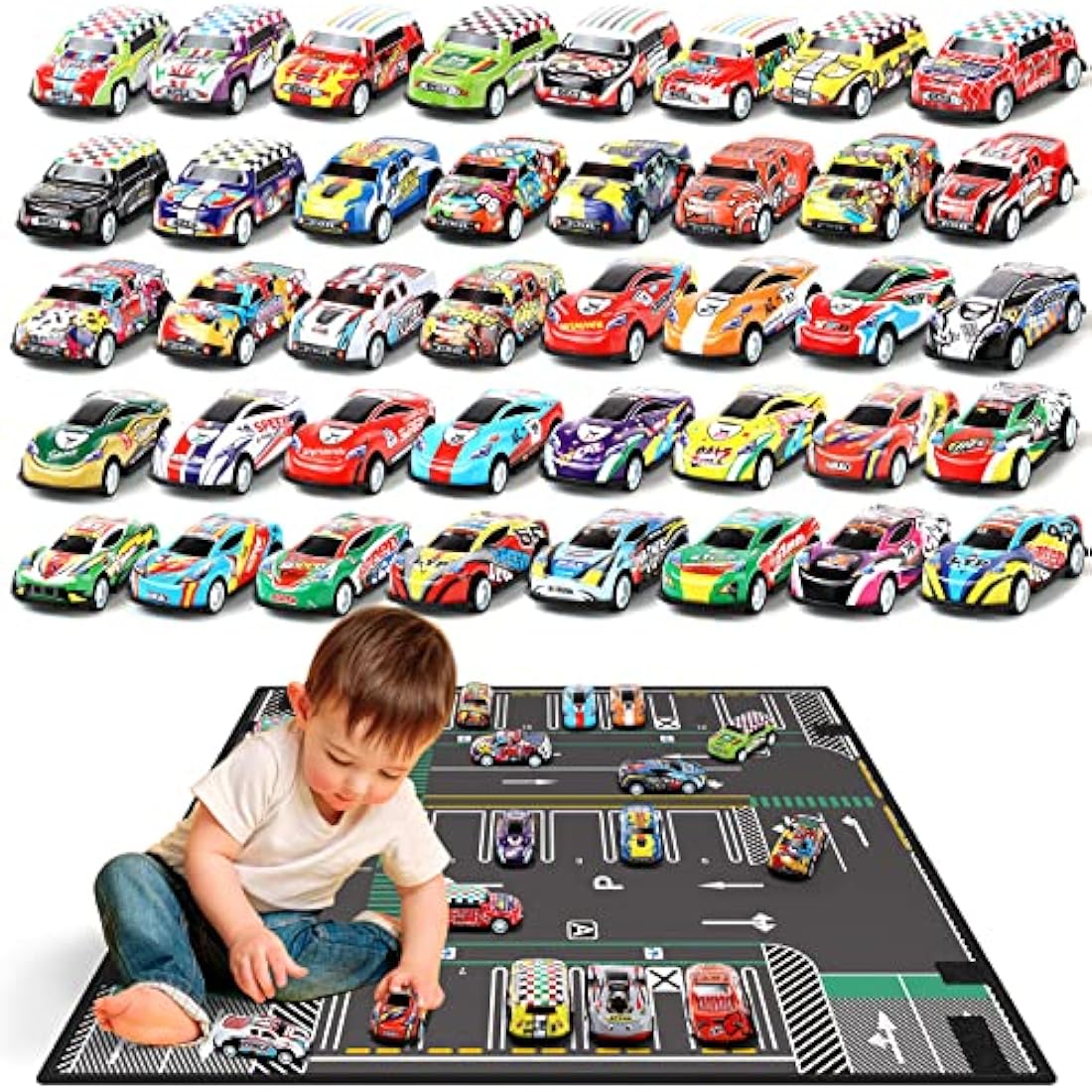 Veluoess Mini Cars Set, 40 Pieces Racing Cars Toy with Play Mat Foldable Storage Bag, for Kids Boys Girls 3 4 5 6 Years Old