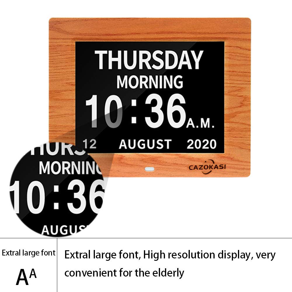 CAZOKASI 3 Displays 8inch Extra Large Impaired Vision Digital Calendar Clock with Non-Abbreviated Day & Month Alarm Clock Day Clock Photo Frame Auto