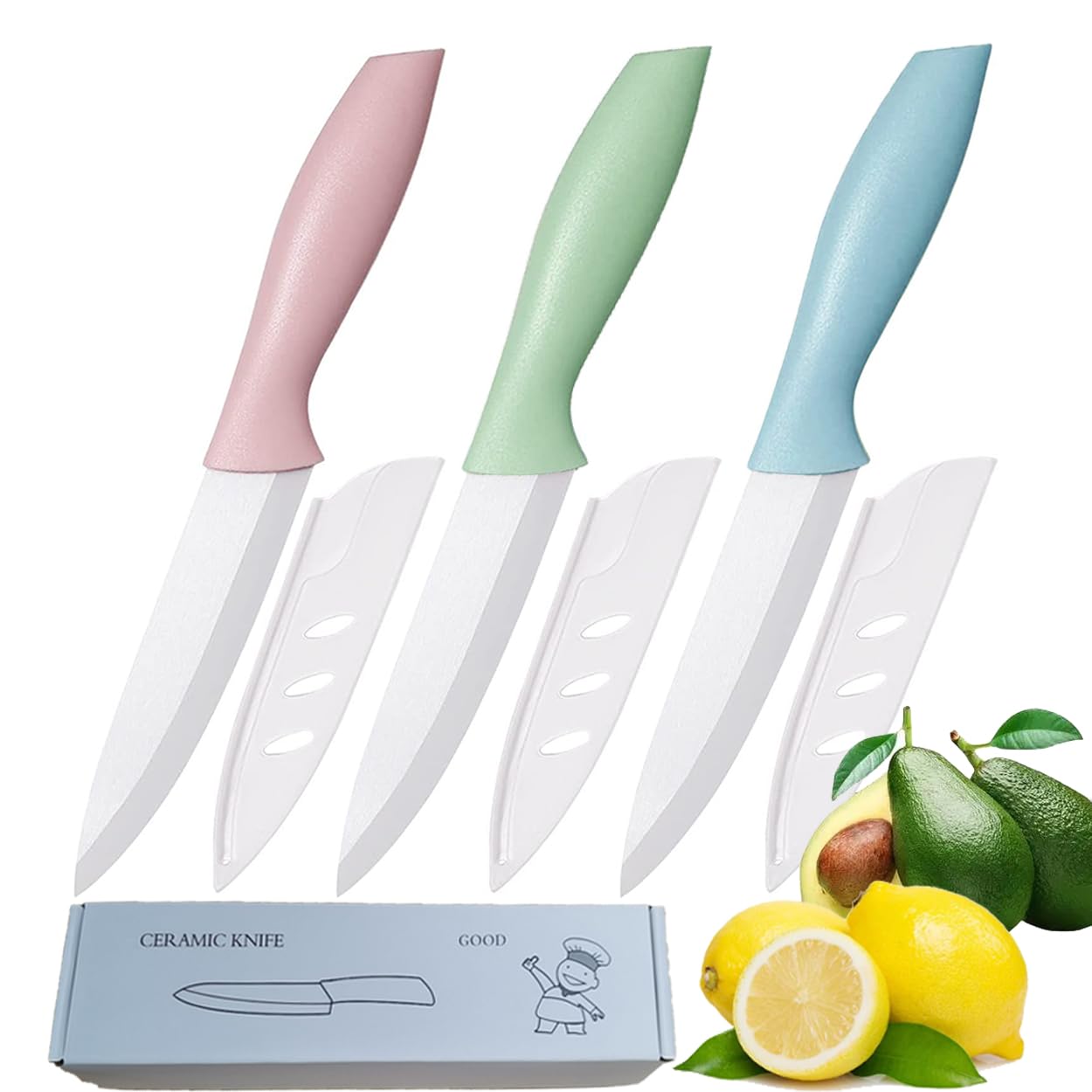 Zhiyun 3 PCS Ceramic Knives, Paring Knife,4 Inch Zirconia Blade with Sheath,Colorful Knife use for Meat Fruit Vegetable and Bread (Green Blue and