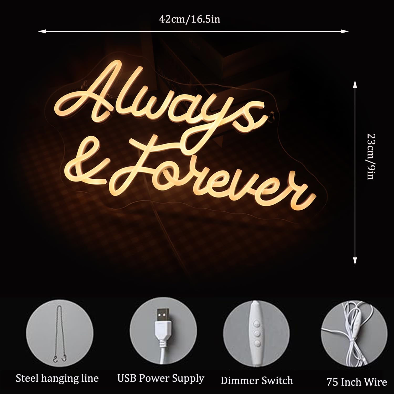 LED Always and Forever Neon Sign USB Powered with Dimmer Switch Neon Lights for Room Home Art Wall Decor Wedding Engagement Party Wall Hanging