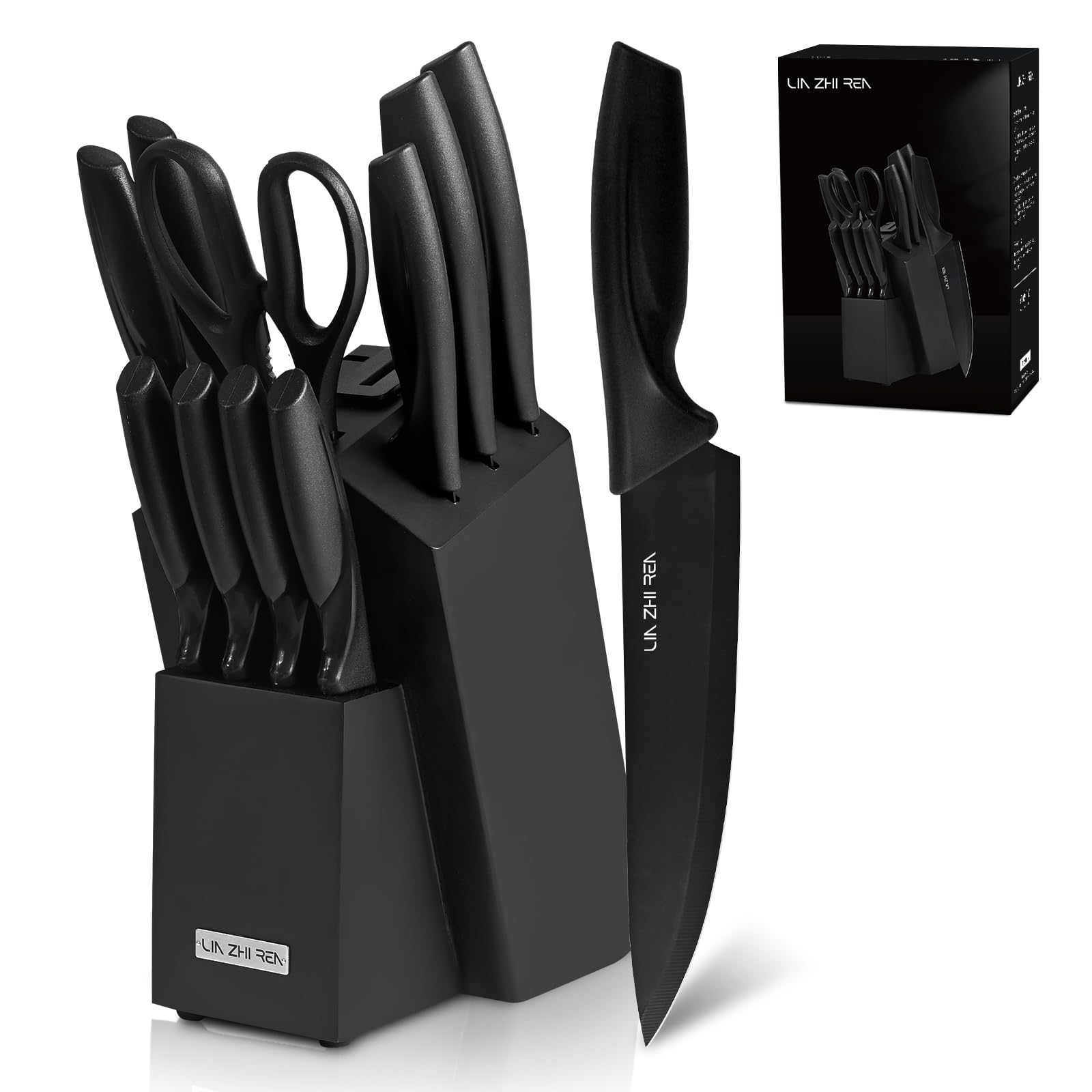 LIN ZHI REN 13-Piece Kitchen Knife Set with Knife Holder Rack, Built-in Sharpener, Ergonomic Handles, Dishwasher Safe, Black