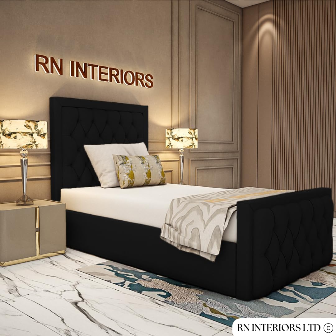YB INTERIORS LTD Chesterfield Sleigh Bed Frame Upholstered Bed Frame With 125cm High Floor Standing Headboard Bed Frame Without Storage (Black, 3FT