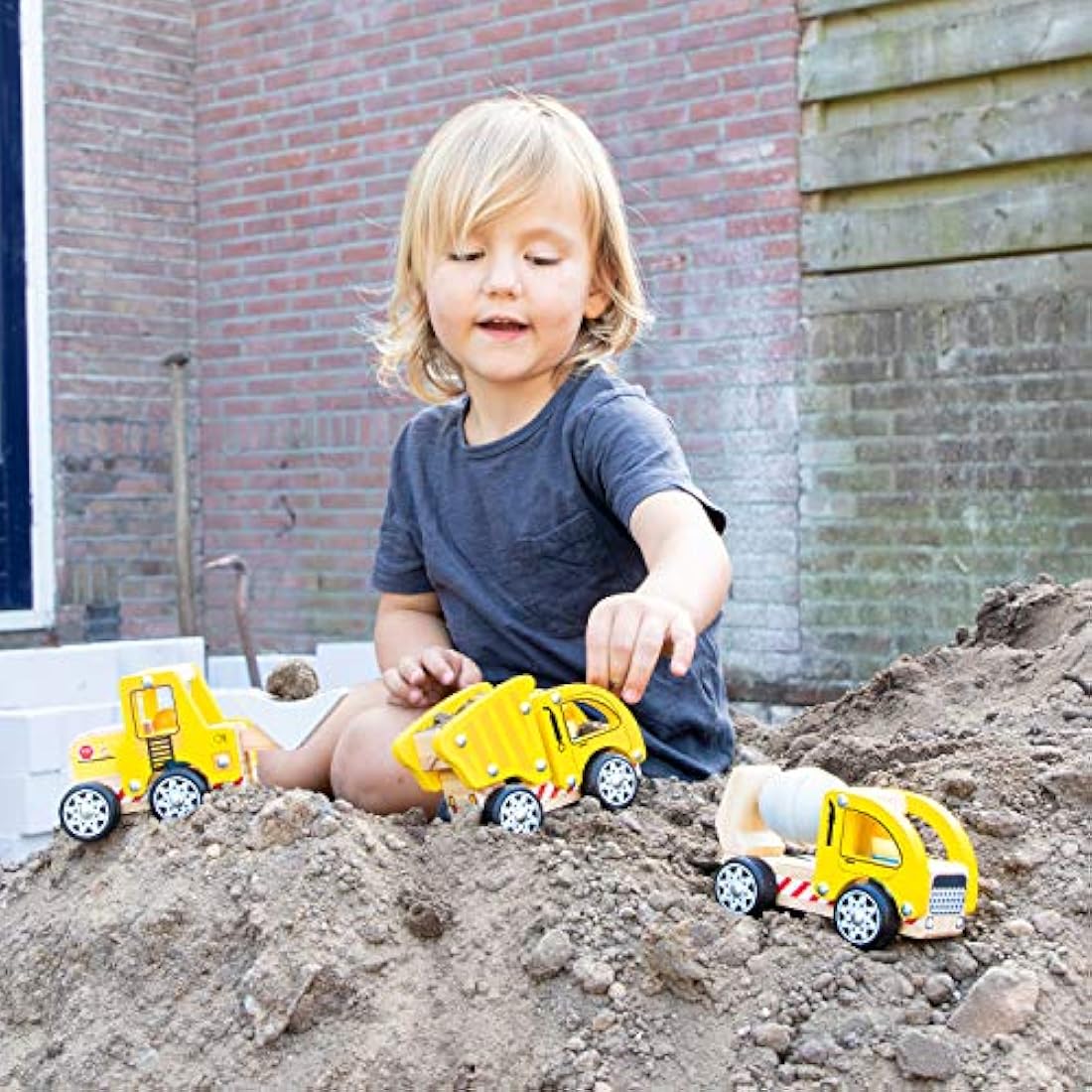 New Classic Toys 11948 Wooden Construction Vehicles Set for Toddlers First Cars for One Year Old, Yellow