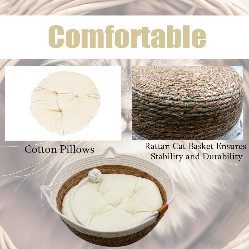 Rukuapid Rattan Cat Basket Bed with Cotton Cushion and Pillow, Wicker Kitten Basket with Toy Ball, Round Cat Beds for Indoor Cats Woven Cat Sleeping