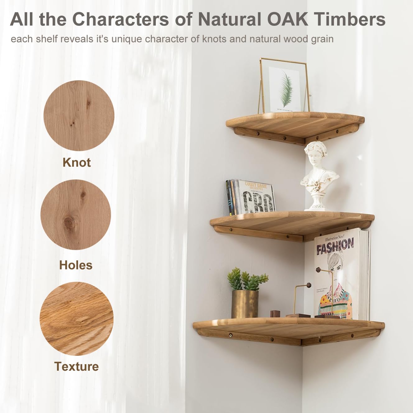 GIEANOO Corner Shelves, Solid Oak Wood Set of 2 12inch Floating Corner Shelves Wall Mount Round End Floating Speaker Shelf With Wire Hole Shelf for