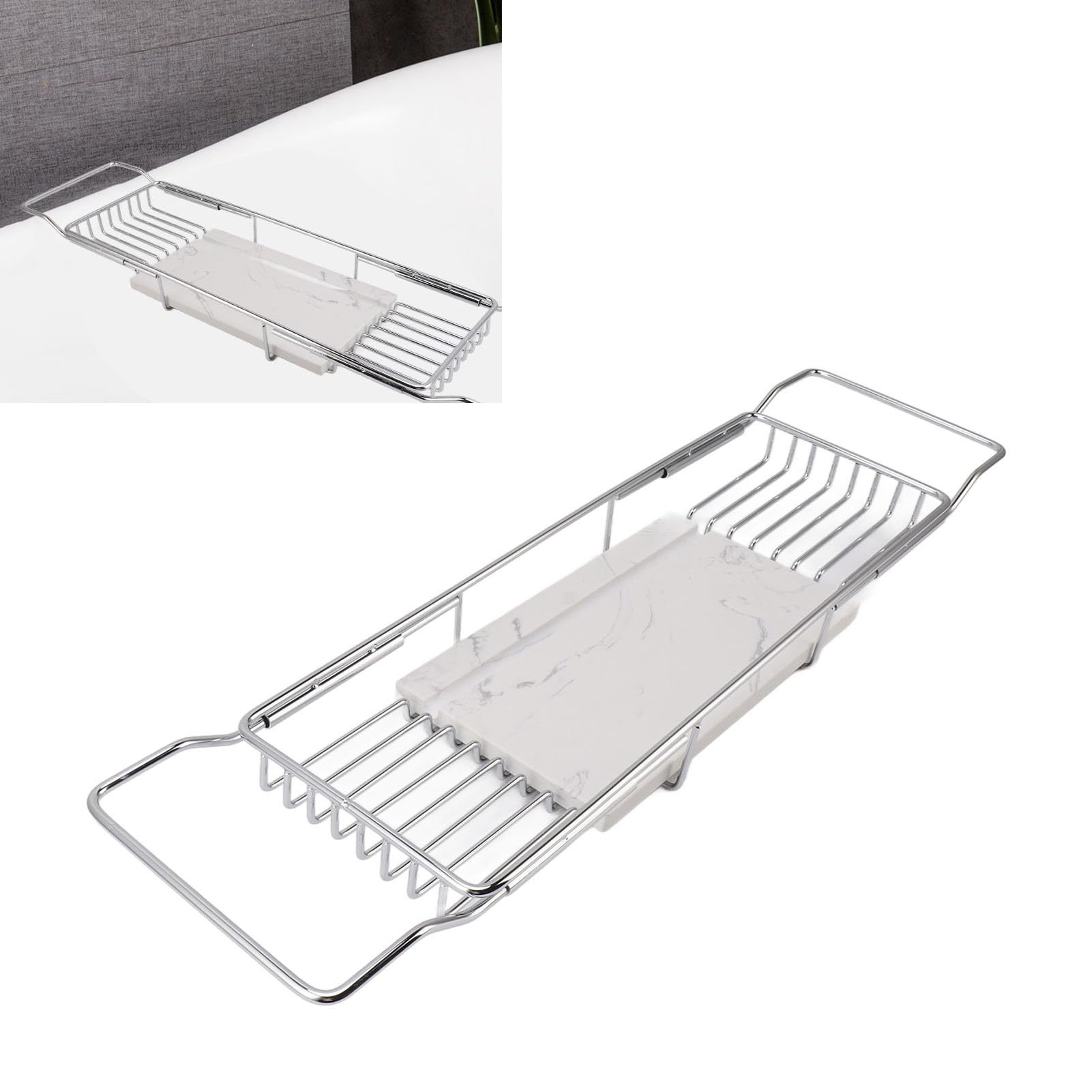 Silver White Shower Caddy For Bathtub Stainless Steel Adjustable Tray Extending Sides Bathroom Storage Organizer For Bath