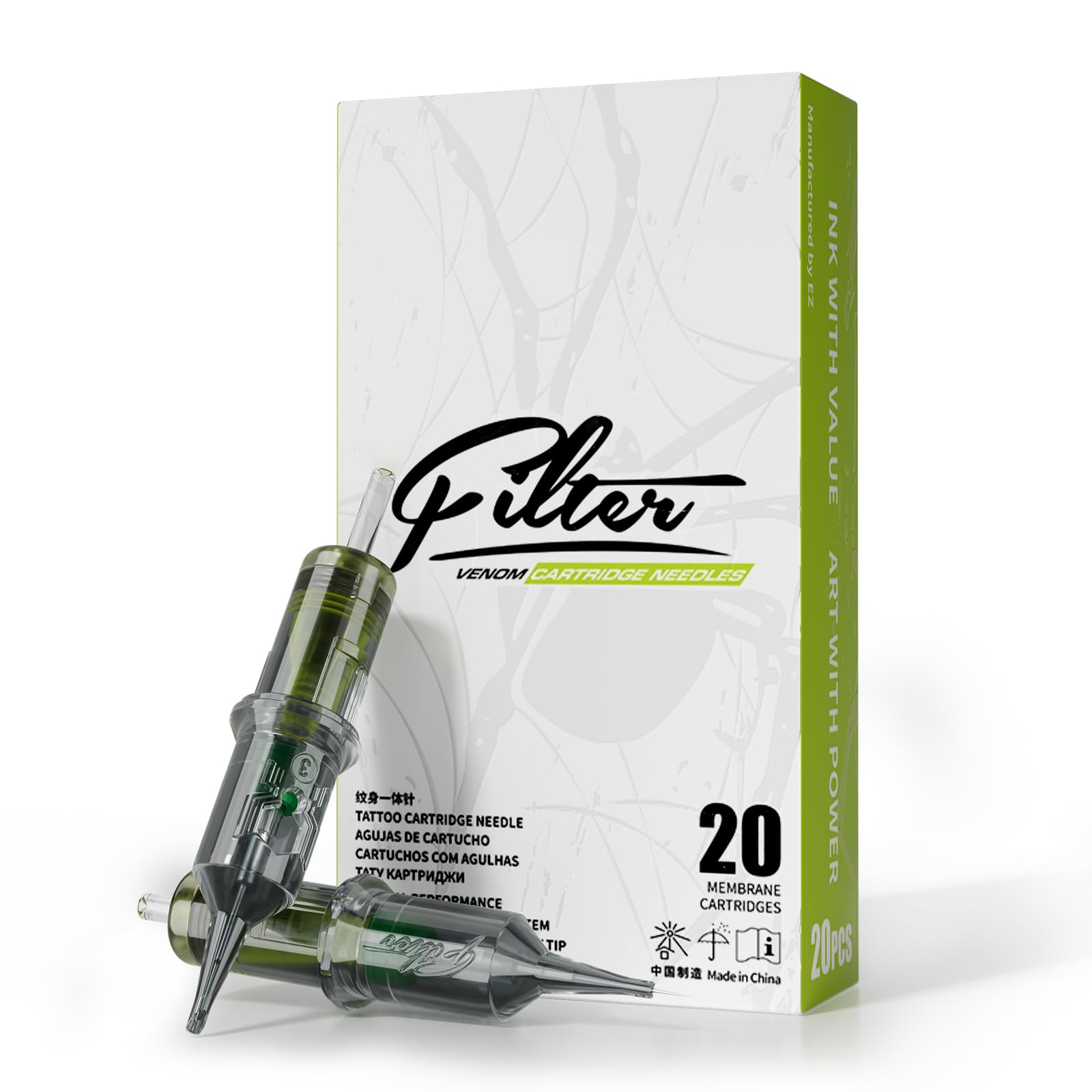 EZ Tattoo Cartridge Needles - 20Pcs #10 (11RS) Bugpin Round Shader Disposable Tattoo Needles Cartridges for Tattoo Gun Machine - Venom