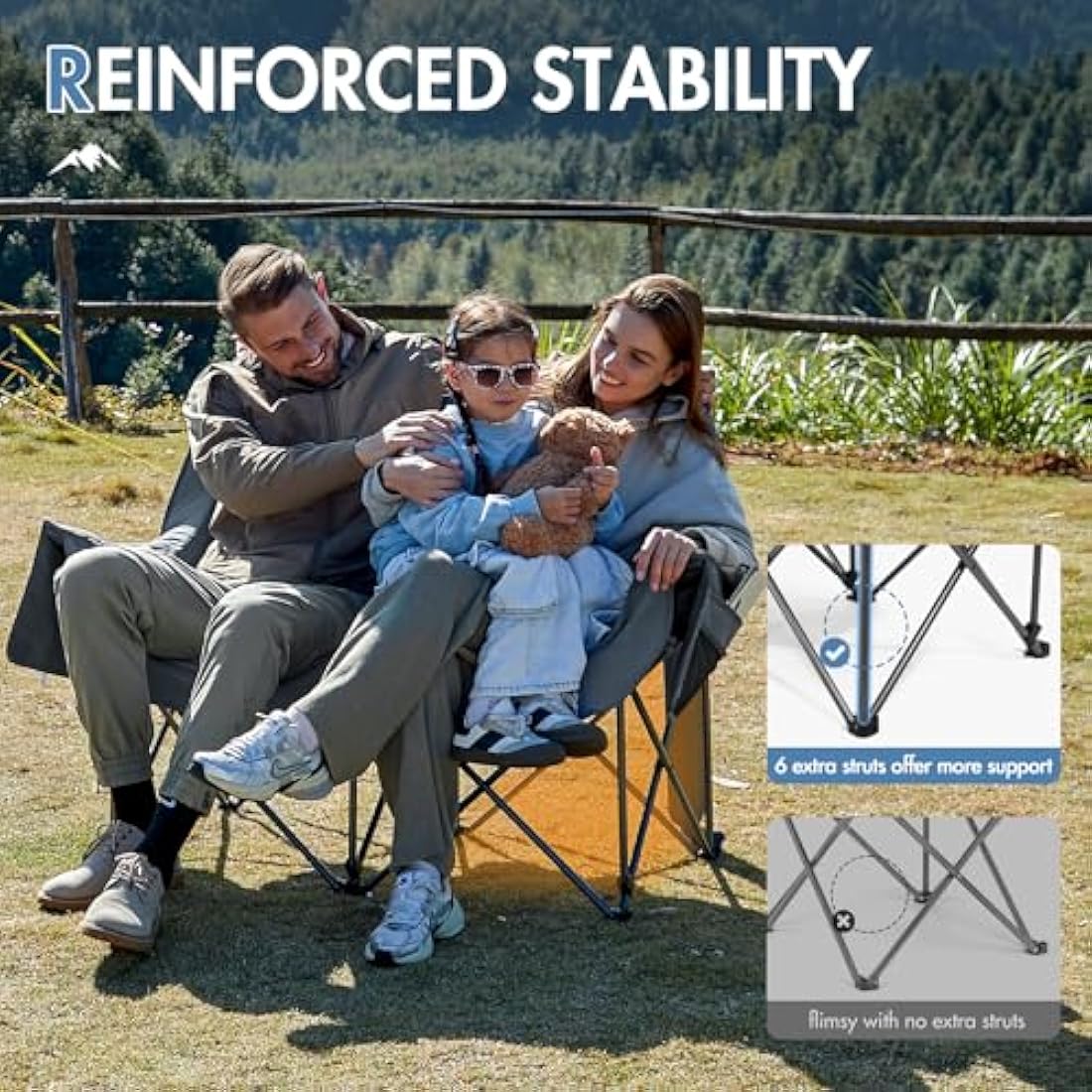 Portal Double Camping Chair Padded Folding Camping Sofa for Adults Large Quilted Love Seat Luxury Fodable Tub Chair Deluxe Moon Chair Collapsible Giant Festival Garden Lawn Picnic Load 272KG