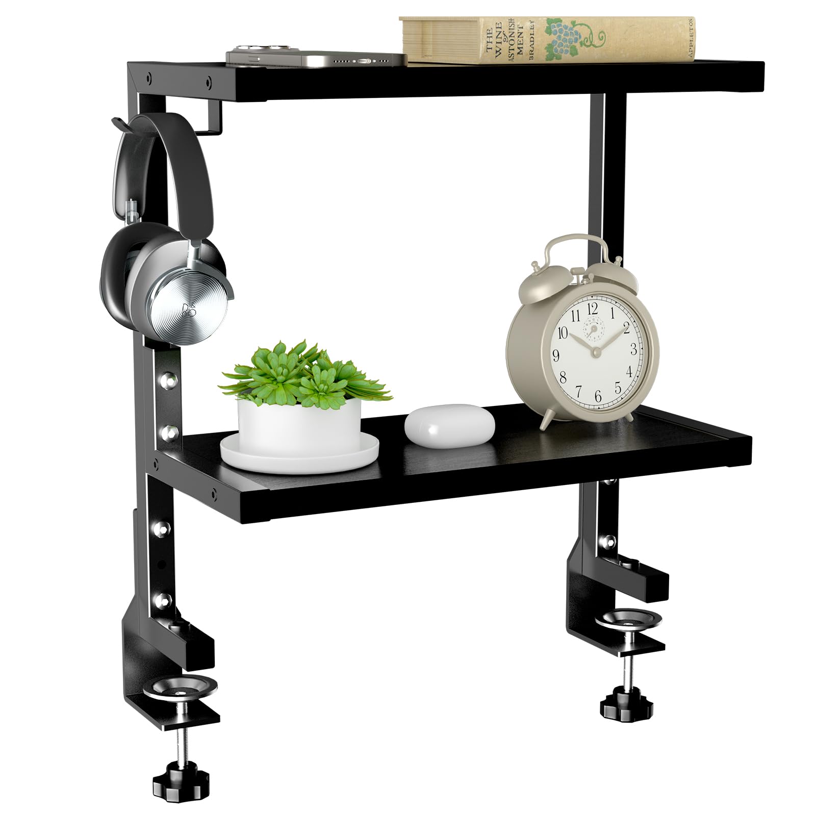 PUTORSEN 2-Tier Clamp-On Desk Shelf - Adjustable Height and Versatile Hook, Above or Under Desk Storage for Office & Gaming, Black