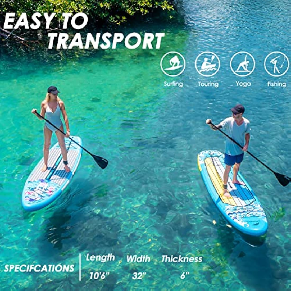 UPWELL 11'/10'6' Inflatable Stand Up Paddle Board with sup Accessories Including Backpack, Repairing Kits, Non-Slip Deck, Kayak Seat, Leash, 3 Fins, Paddle and Hand Pump