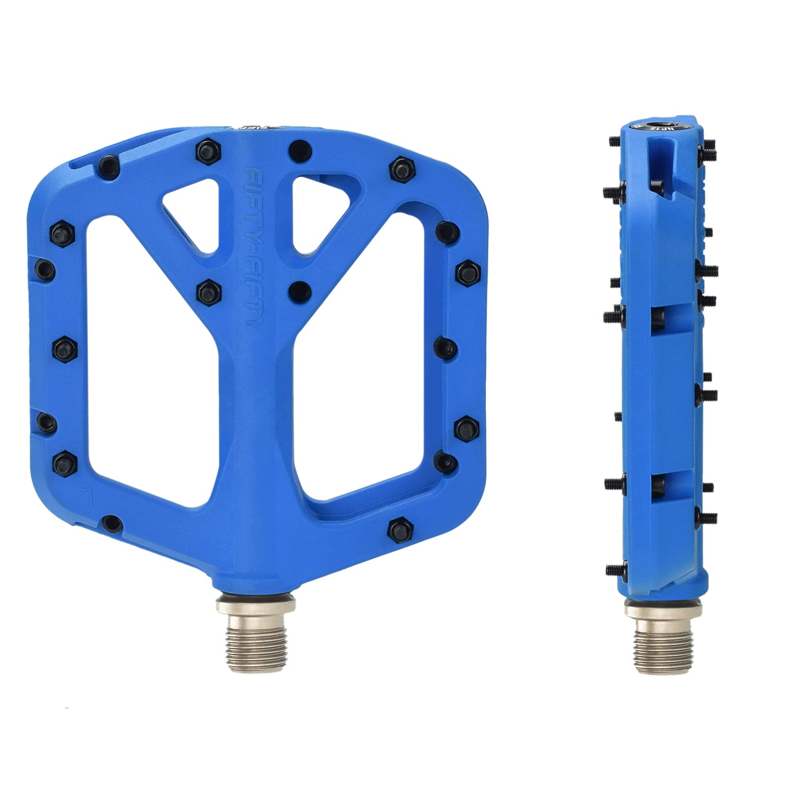 FIFTY-FIFTY Mountain Bike Pedals, Non-Slip MTB Nylon Composite, 9/16" Bicycle Pedals, Lightweight and Wide Flat Platform (Blue)